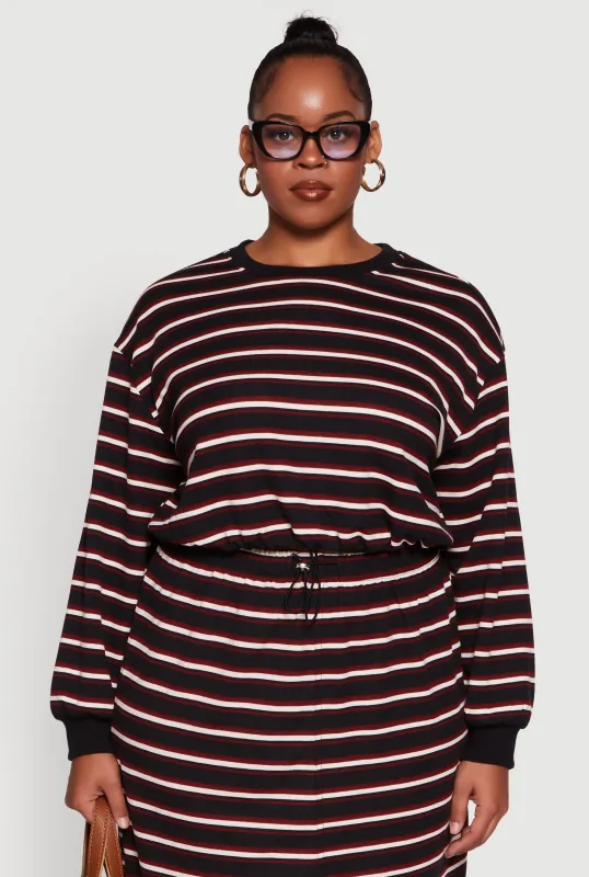 Plus Size Striped Cropped Toggle Drawstring Hem Sweatshirt sold by Rainbow