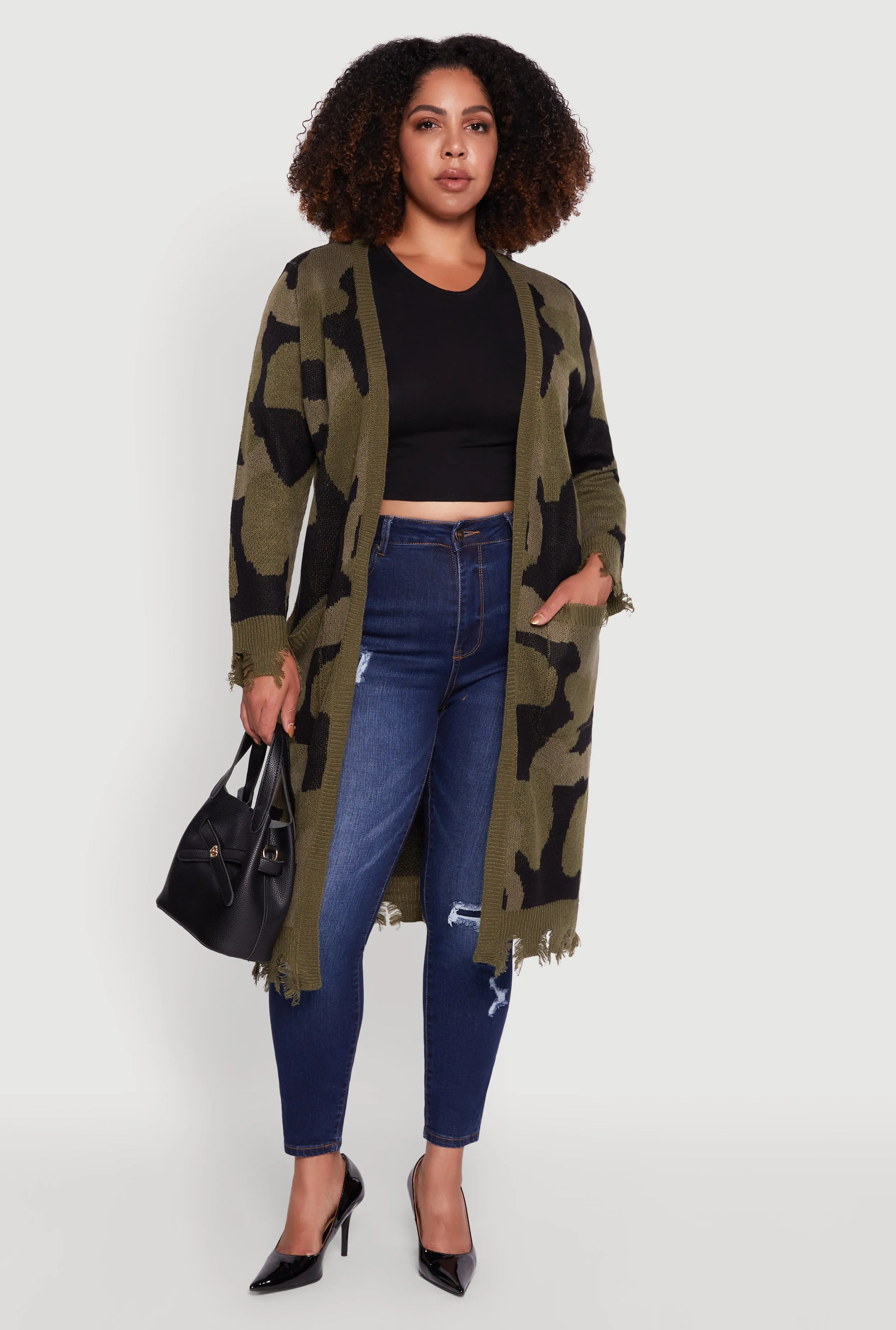 Plus Size Camo Open Front Long Cardigan with Pockets sold by Rainbow