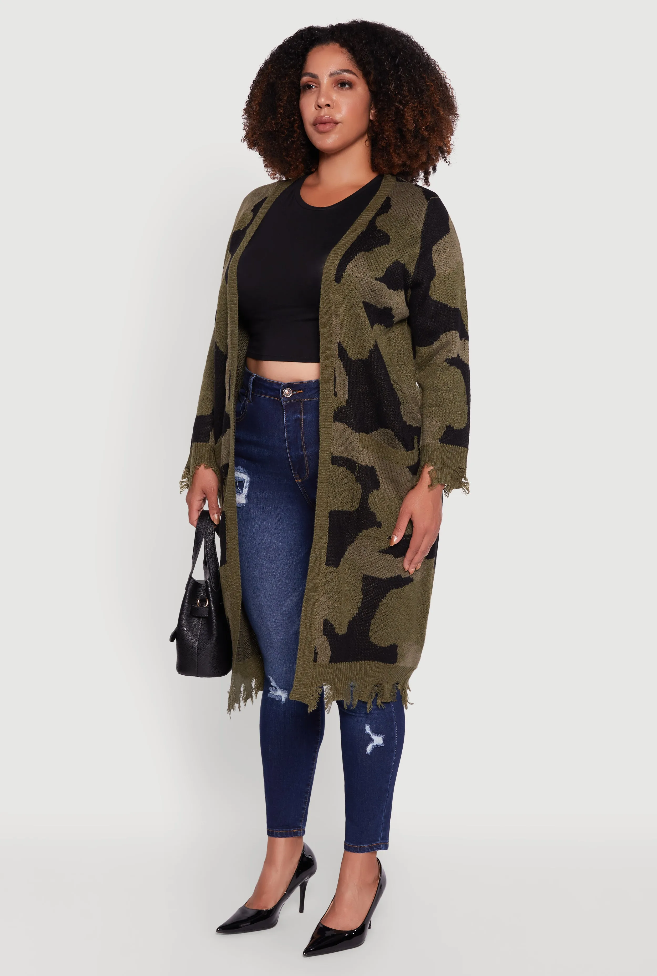 Plus Size Camo Open Front Long Cardigan with Pockets sold by Rainbow product image thumbnail 3