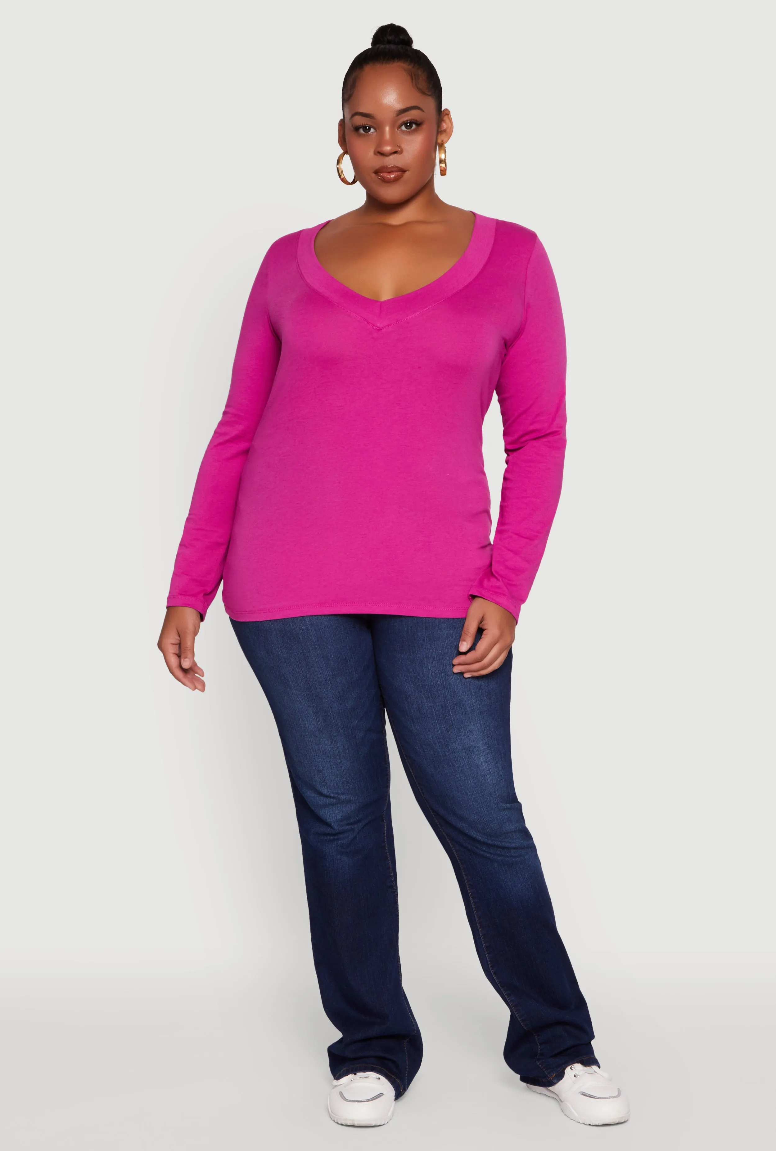 Plus Size Long Sleeve V-Neck Basic Tee sold by Rainbow