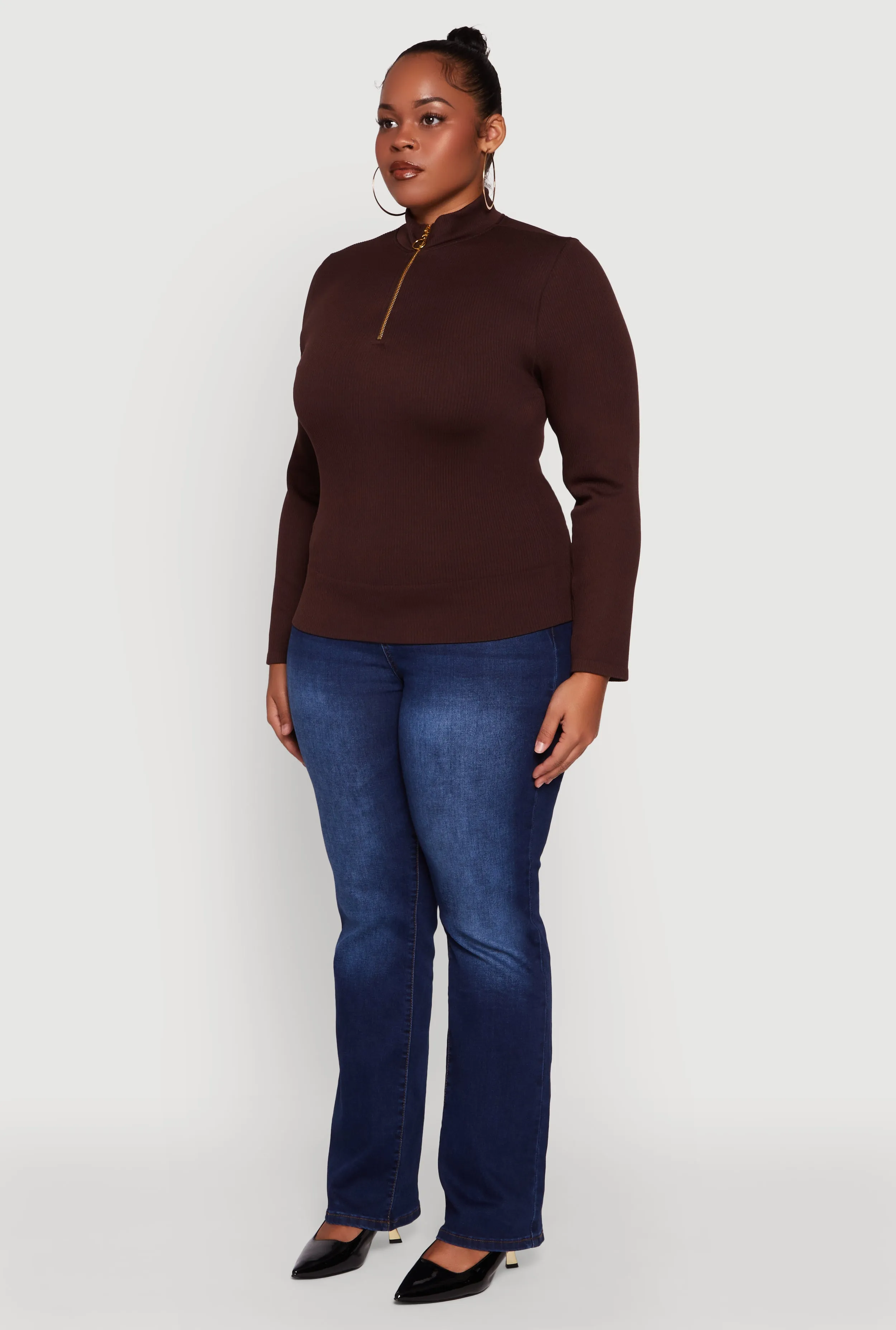 Plus Size Half Zip Rib Knit Mock Neck Top sold by Rainbow product image thumbnail 5