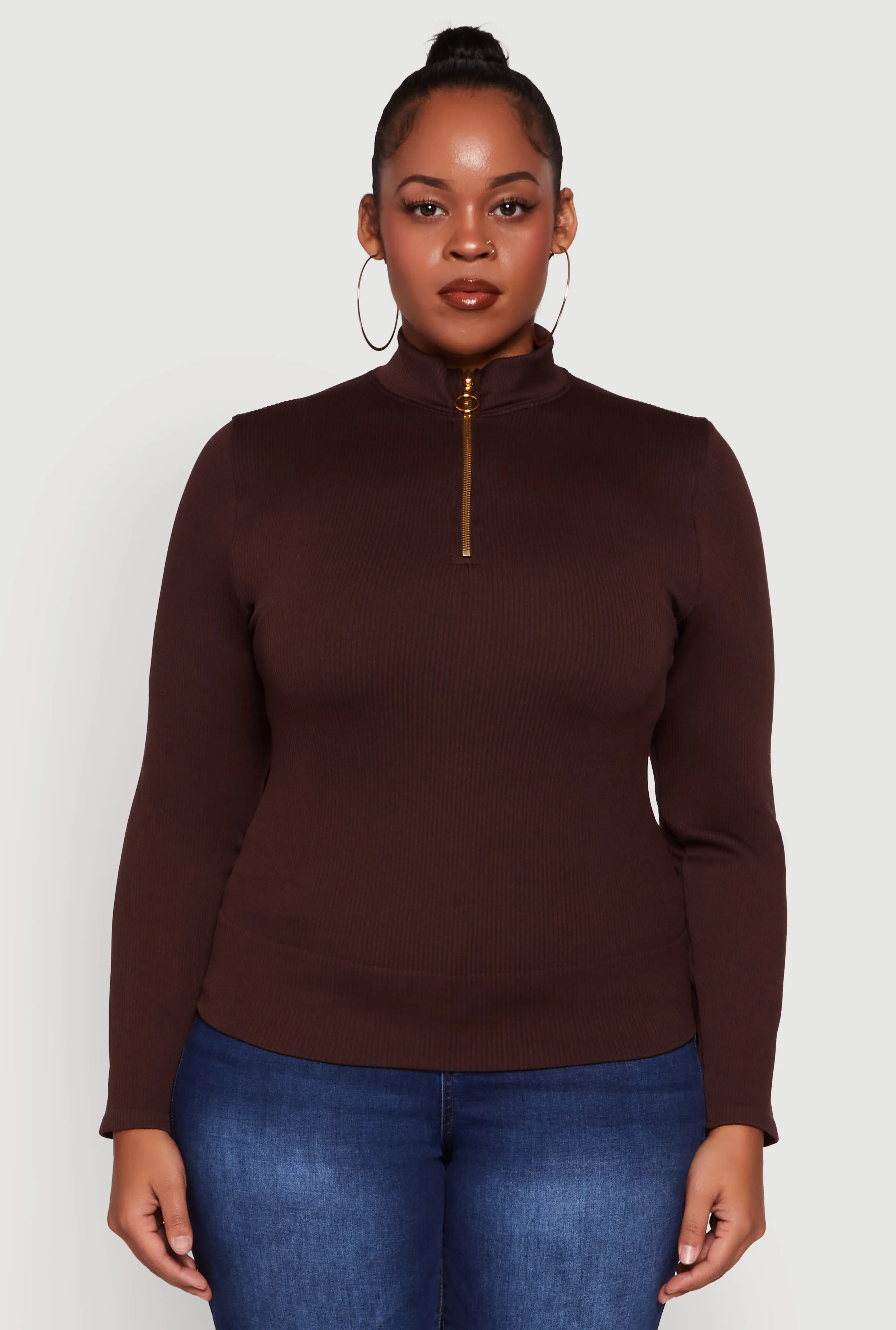 Plus Size Half Zip Rib Knit Mock Neck Top sold by Rainbow product image thumbnail 2