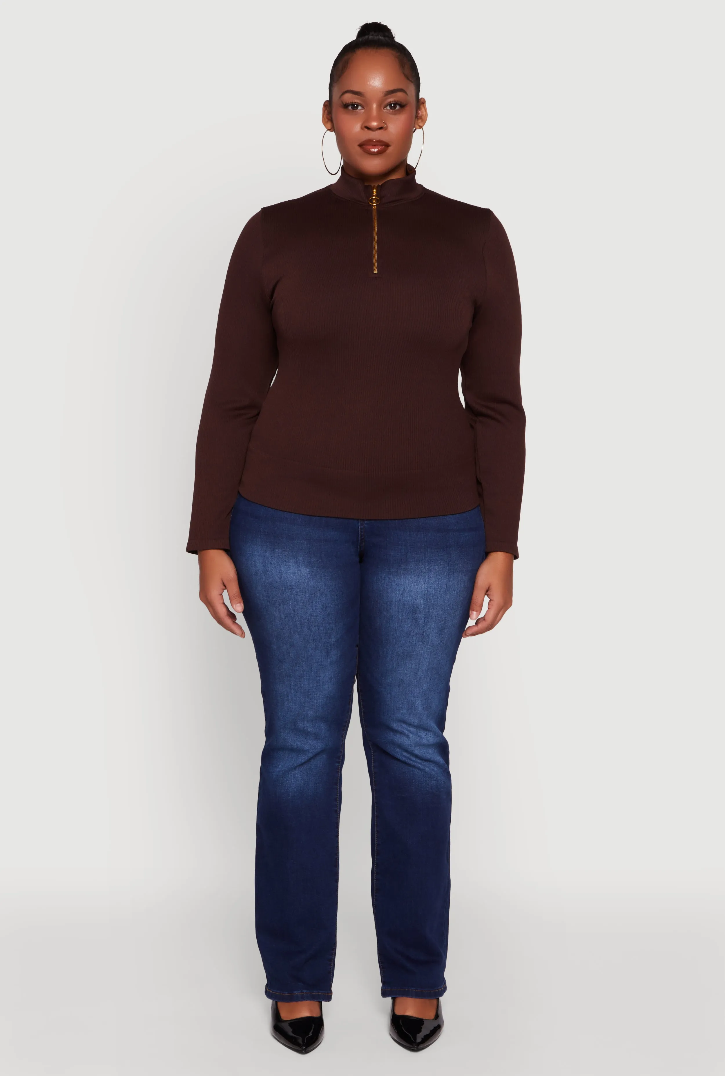 Plus Size Half Zip Rib Knit Mock Neck Top sold by Rainbow product image thumbnail 3