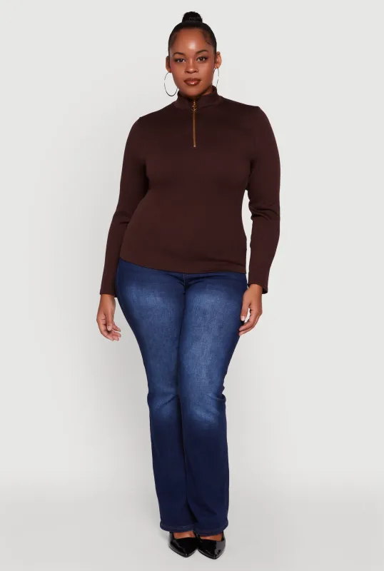 Plus Size Half Zip Rib Knit Mock Neck Top sold by Rainbow
