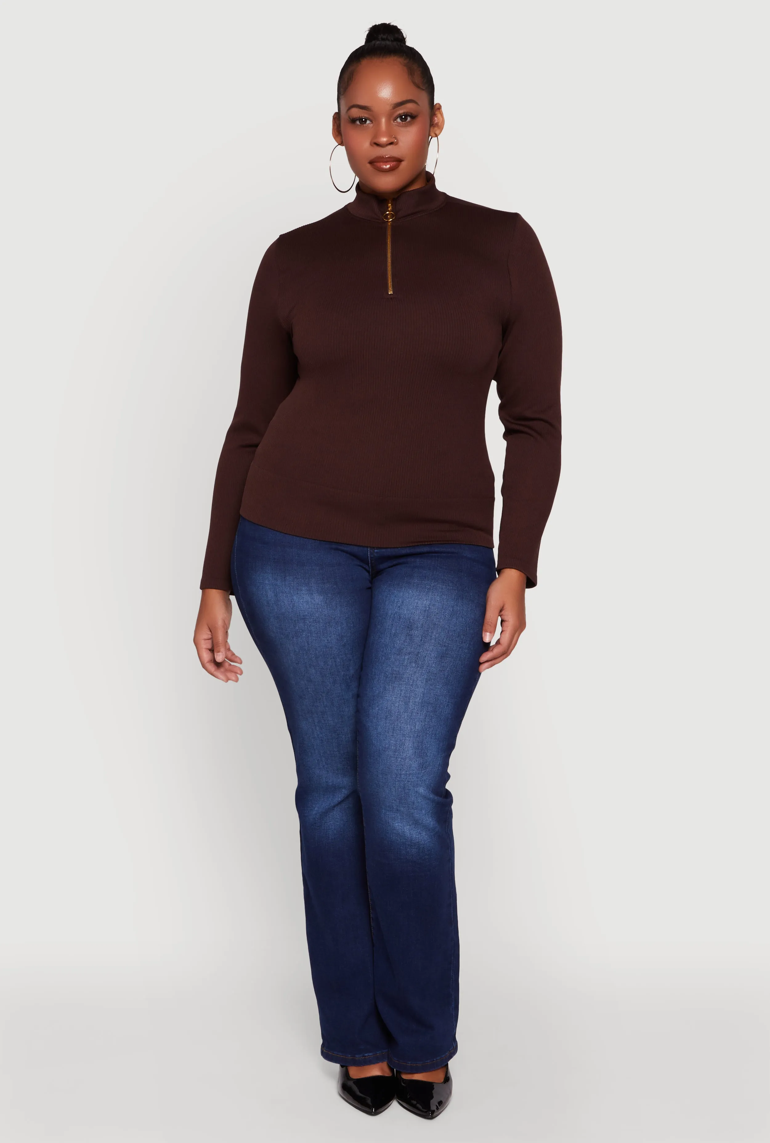 Plus Size Half Zip Rib Knit Mock Neck Top sold by Rainbow