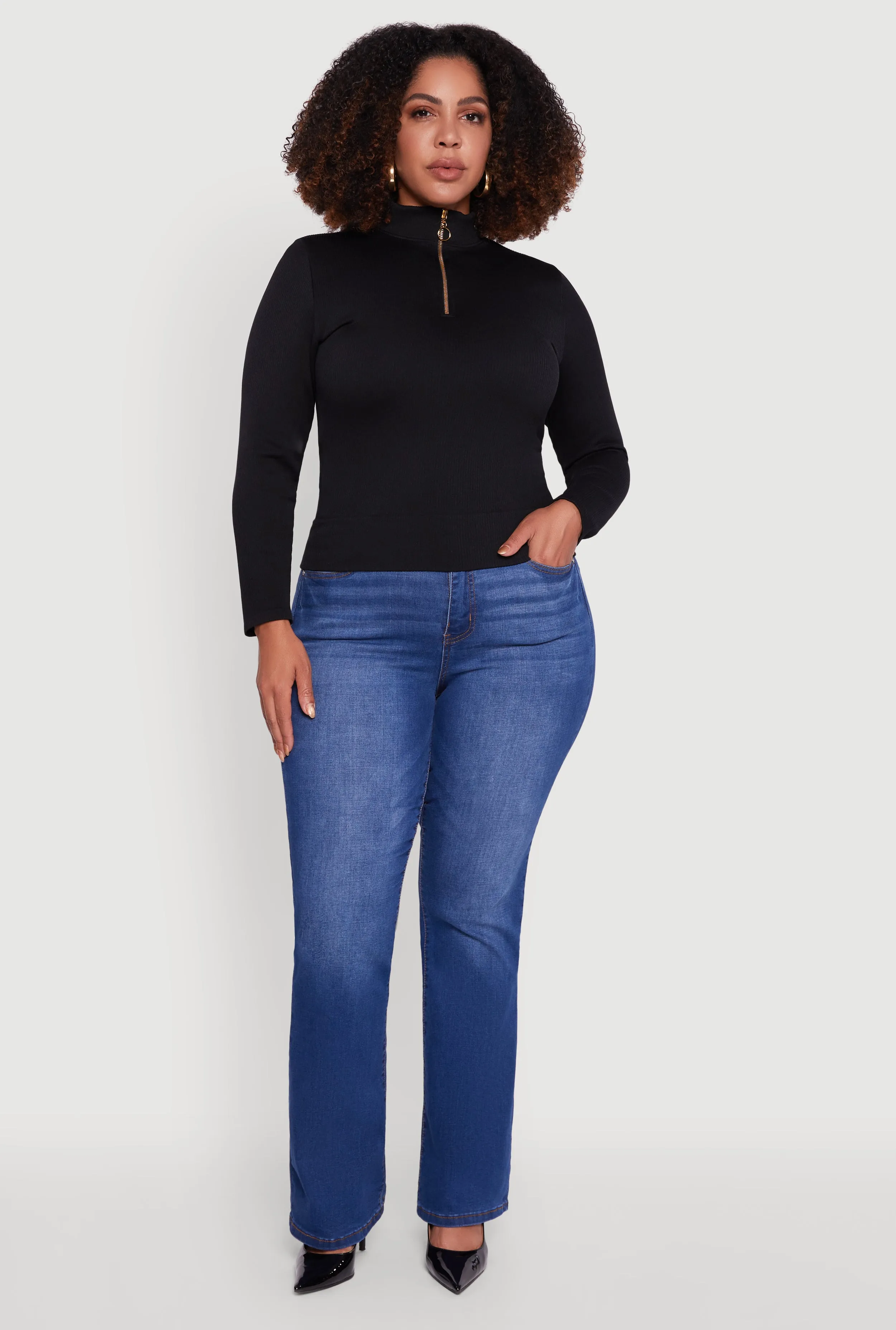 Plus Size Half Zip Rib Knit Mock Neck Top sold by Rainbow