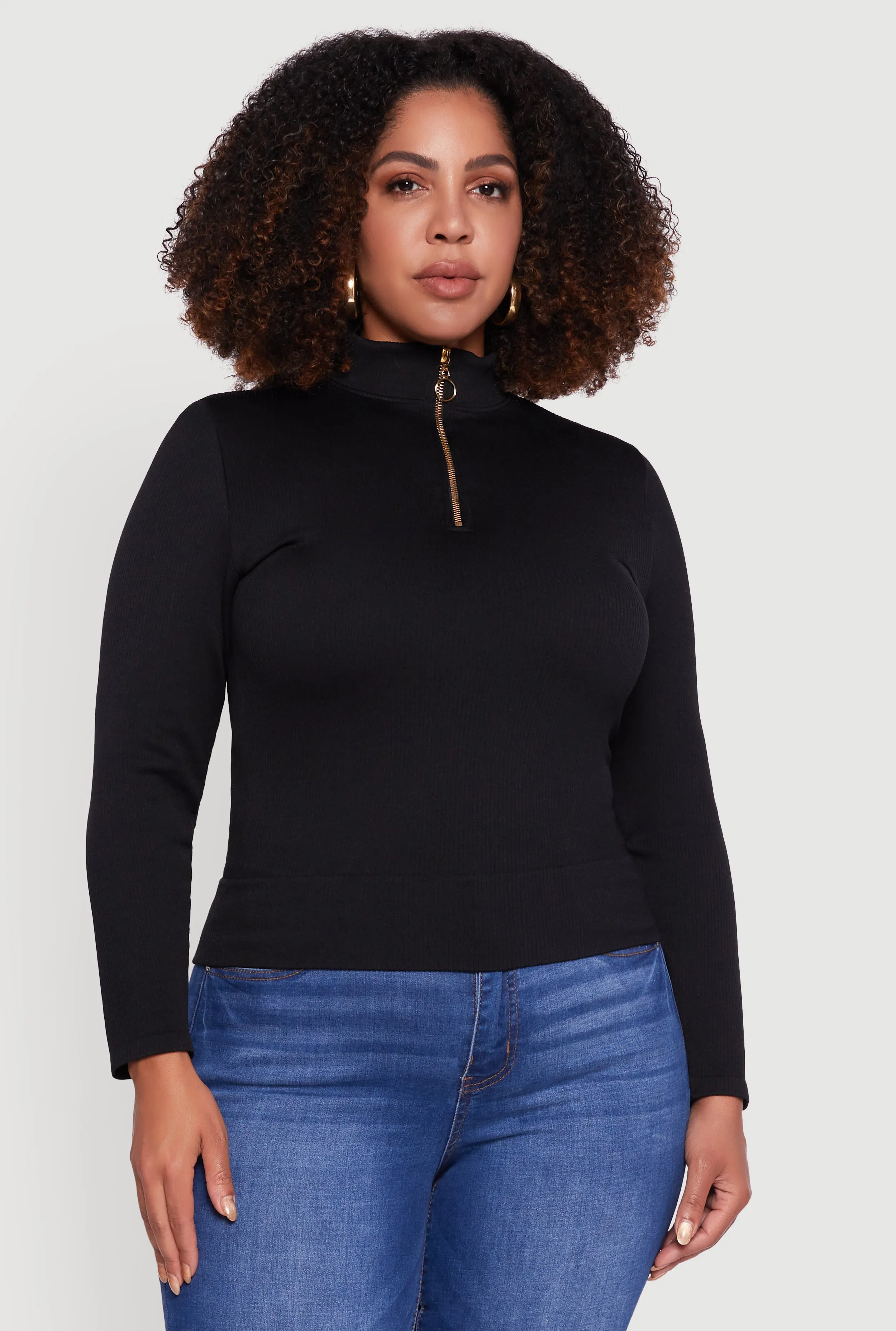 Plus Size Half Zip Rib Knit Mock Neck Top sold by Rainbow product image thumbnail 2