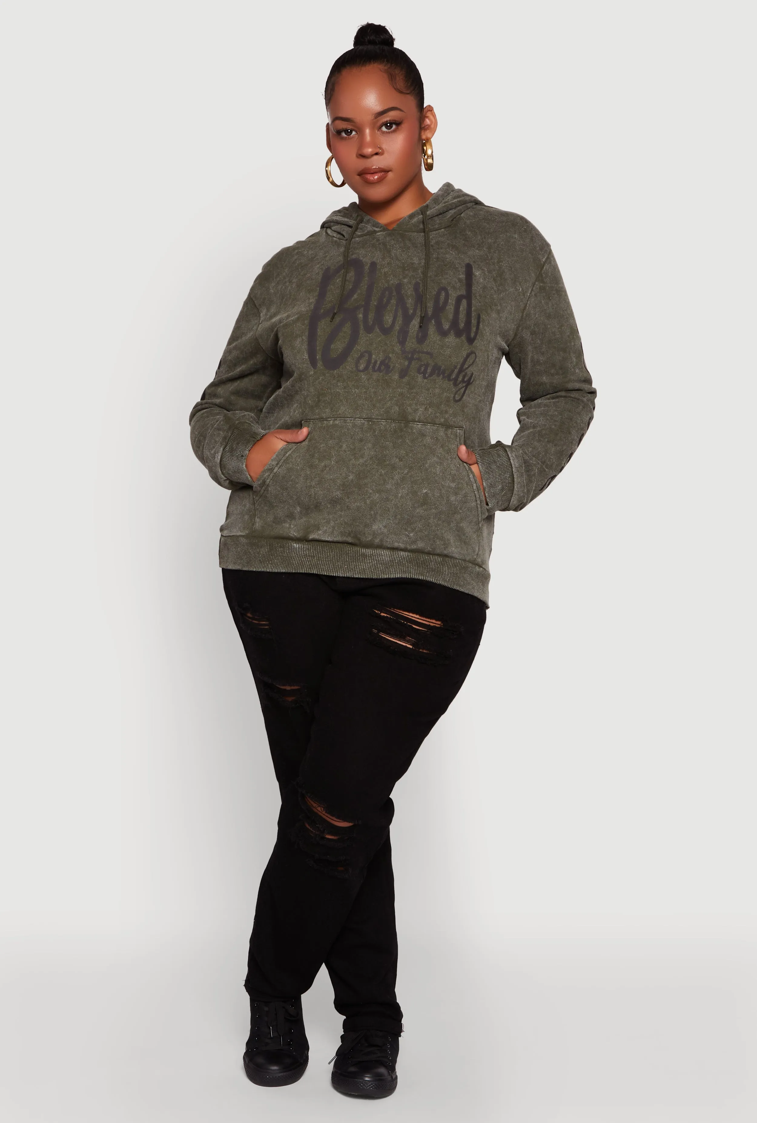 Plus Size Acid Wash Hooded Blessed Graphic Sweatshirt sold by Rainbow