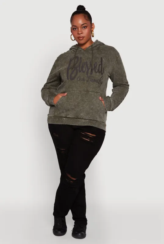 Plus Size Acid Wash Hooded Blessed Graphic Sweatshirt sold by Rainbow
