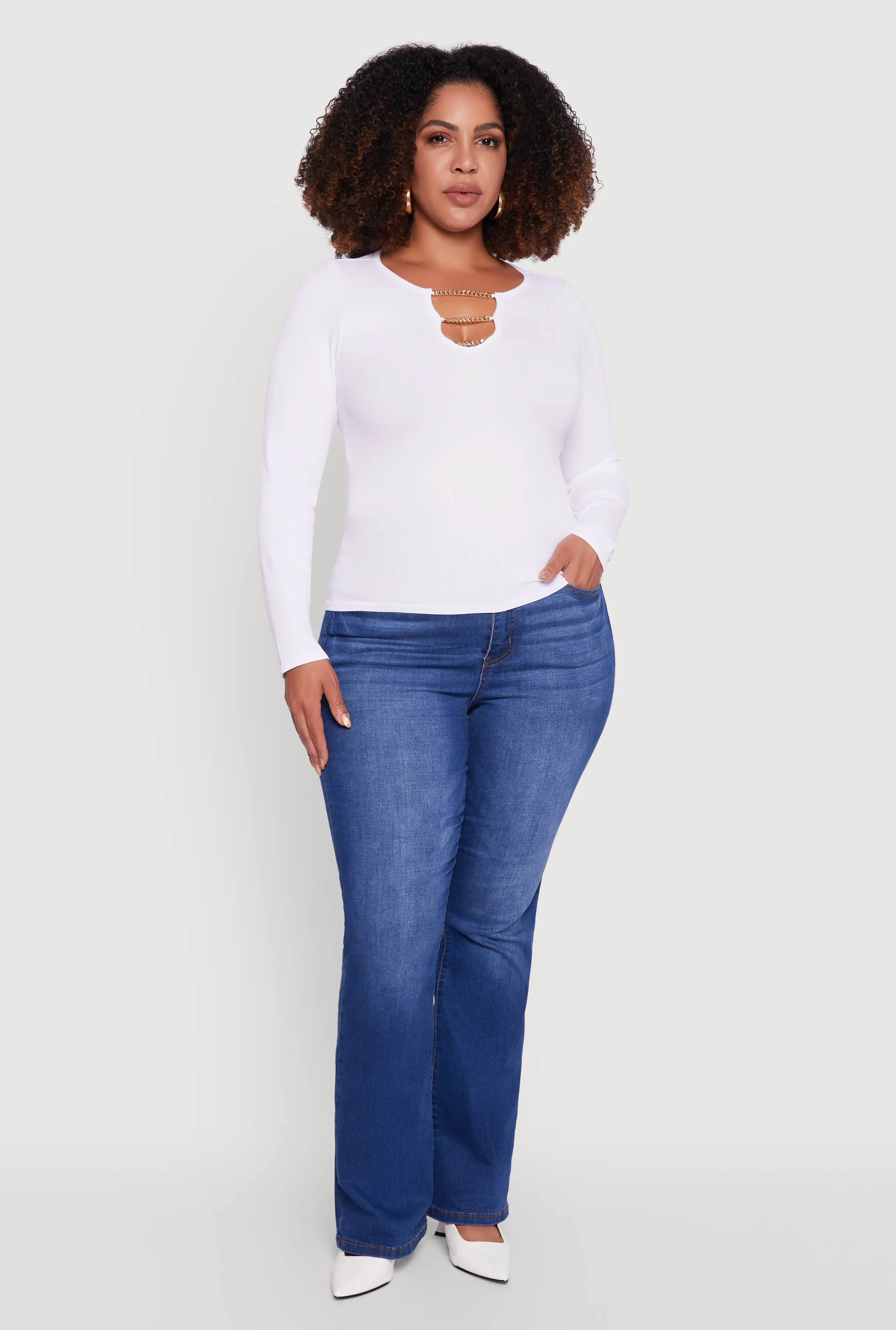 Plus Size Rib Knit Metallic Chain Keyhole Neckline Top sold by Rainbow