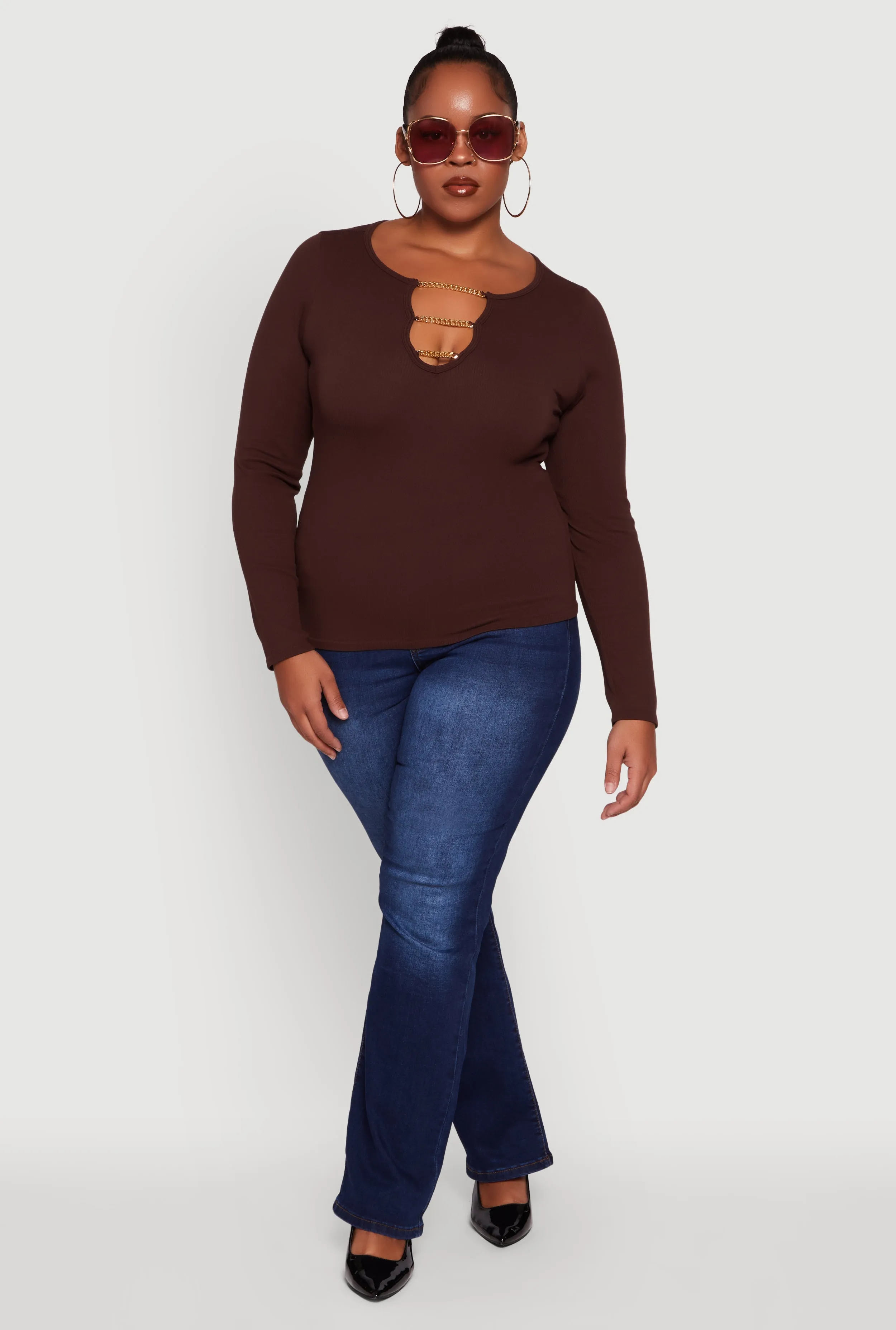 Plus Size Rib Knit Metallic Chain Keyhole Neckline Top sold by Rainbow product image thumbnail 4