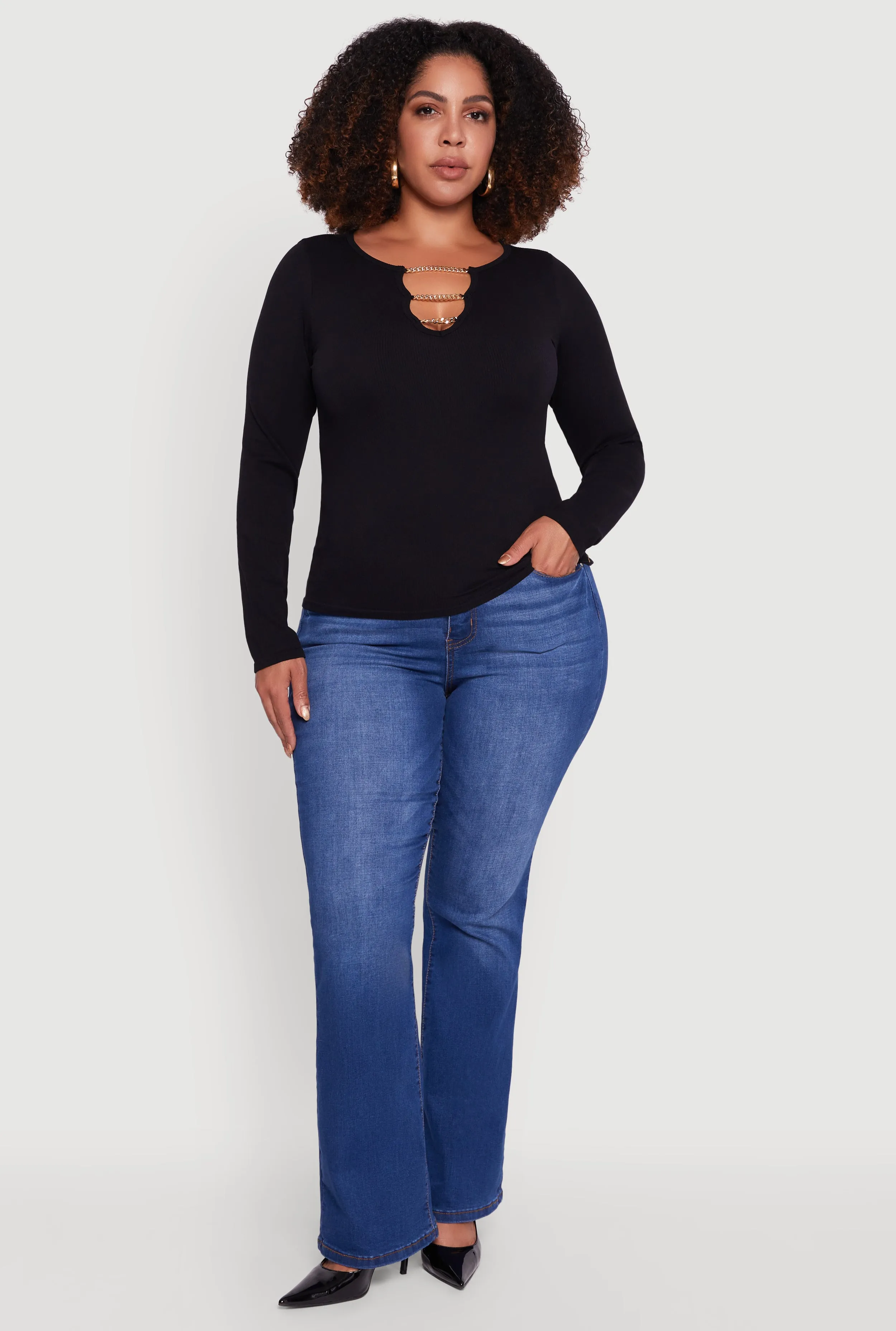 Plus Size Rib Knit Metallic Chain Keyhole Neckline Top sold by Rainbow product image thumbnail 2