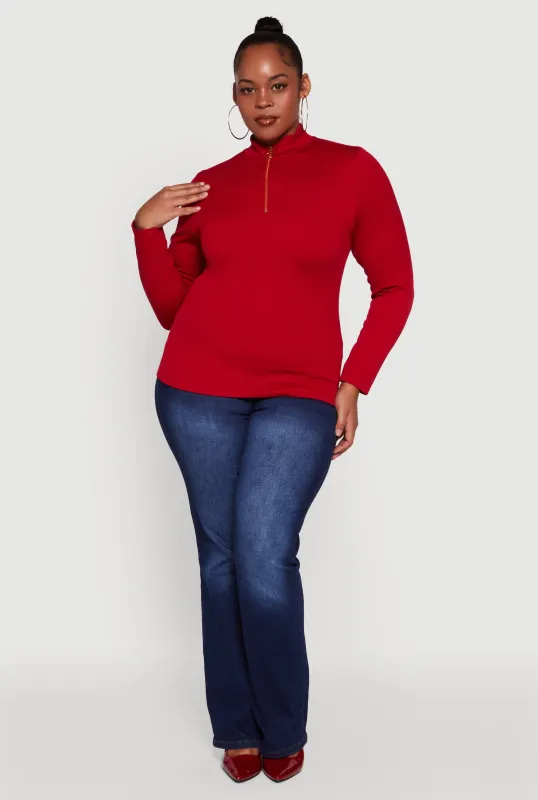 Plus Size Half Zip Rib Knit Mock Neck Top sold by Rainbow