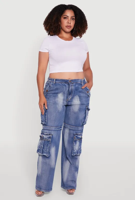 Plus Size Acid Wash Wide Leg Utility Jeans sold by Rainbow