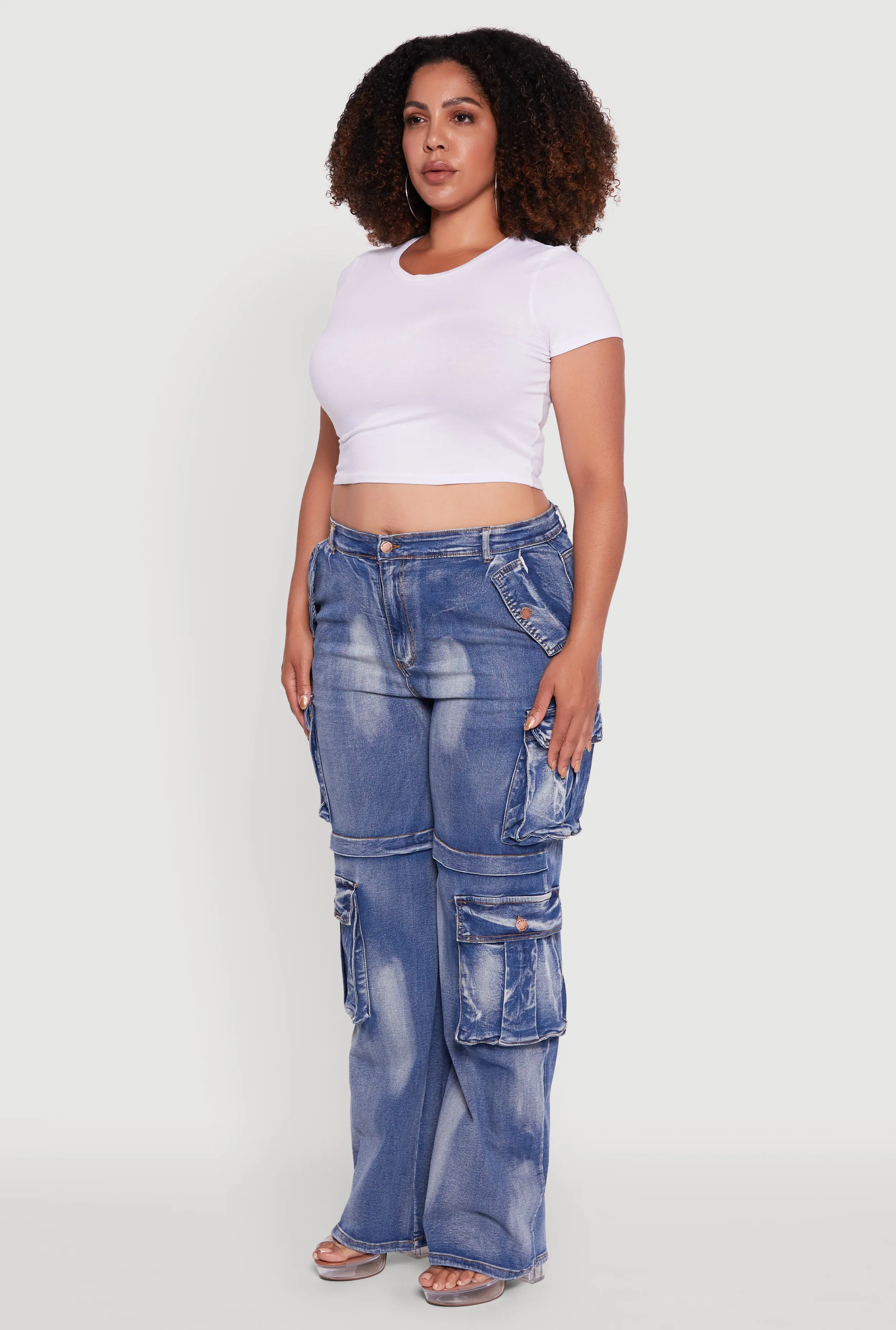 Plus Size Acid Wash Wide Leg Utility Jeans sold by Rainbow product image thumbnail 3