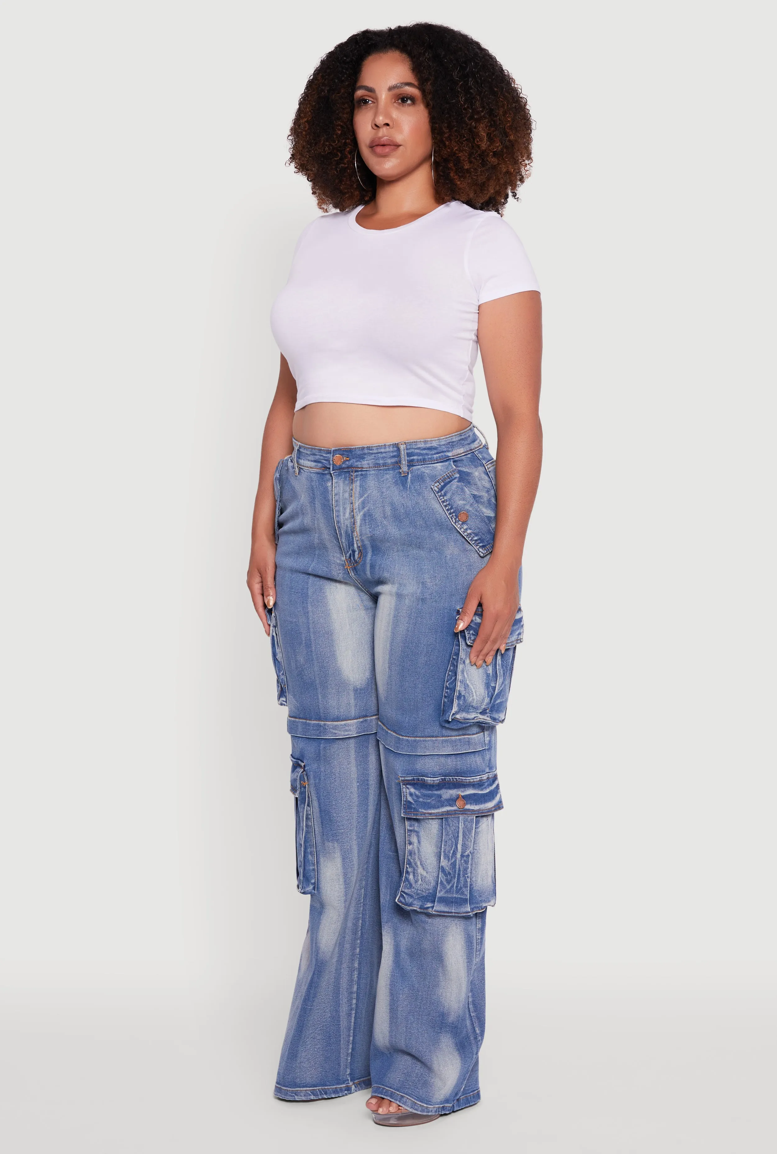 Plus Size Acid Wash Wide Leg Utility Jeans sold by Rainbow product image thumbnail 3