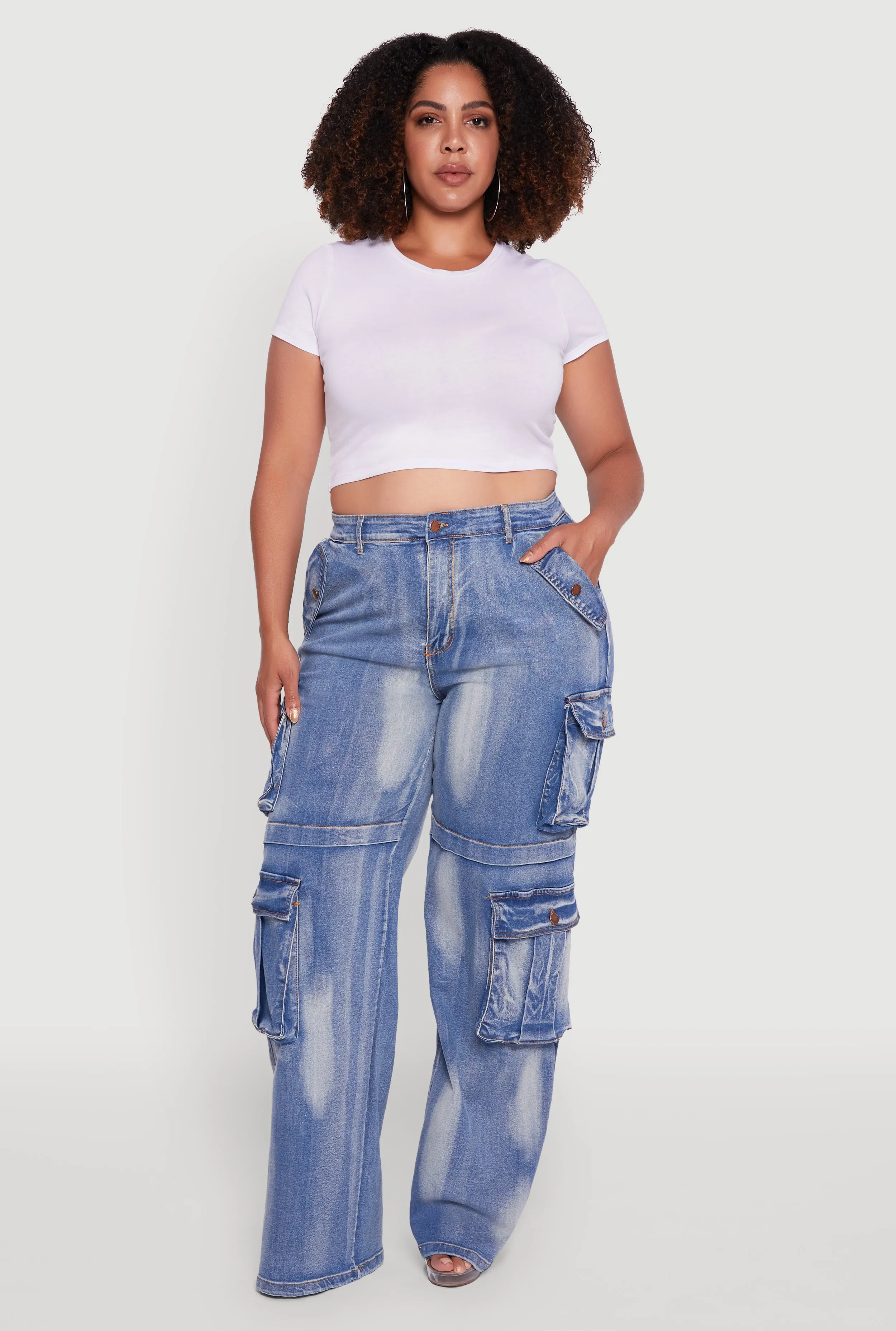 Plus Size Acid Wash Wide Leg Utility Jeans sold by Rainbow
