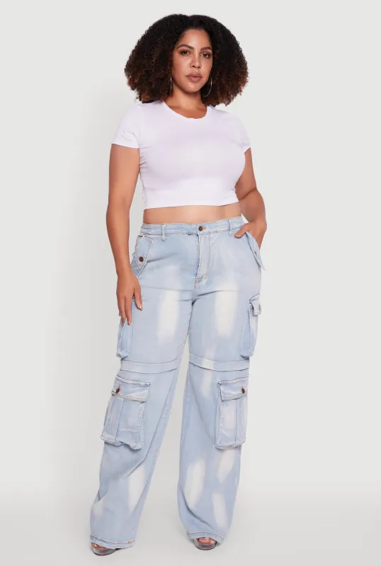 Plus Size Acid Wash Wide Leg Utility Jeans sold by Rainbow