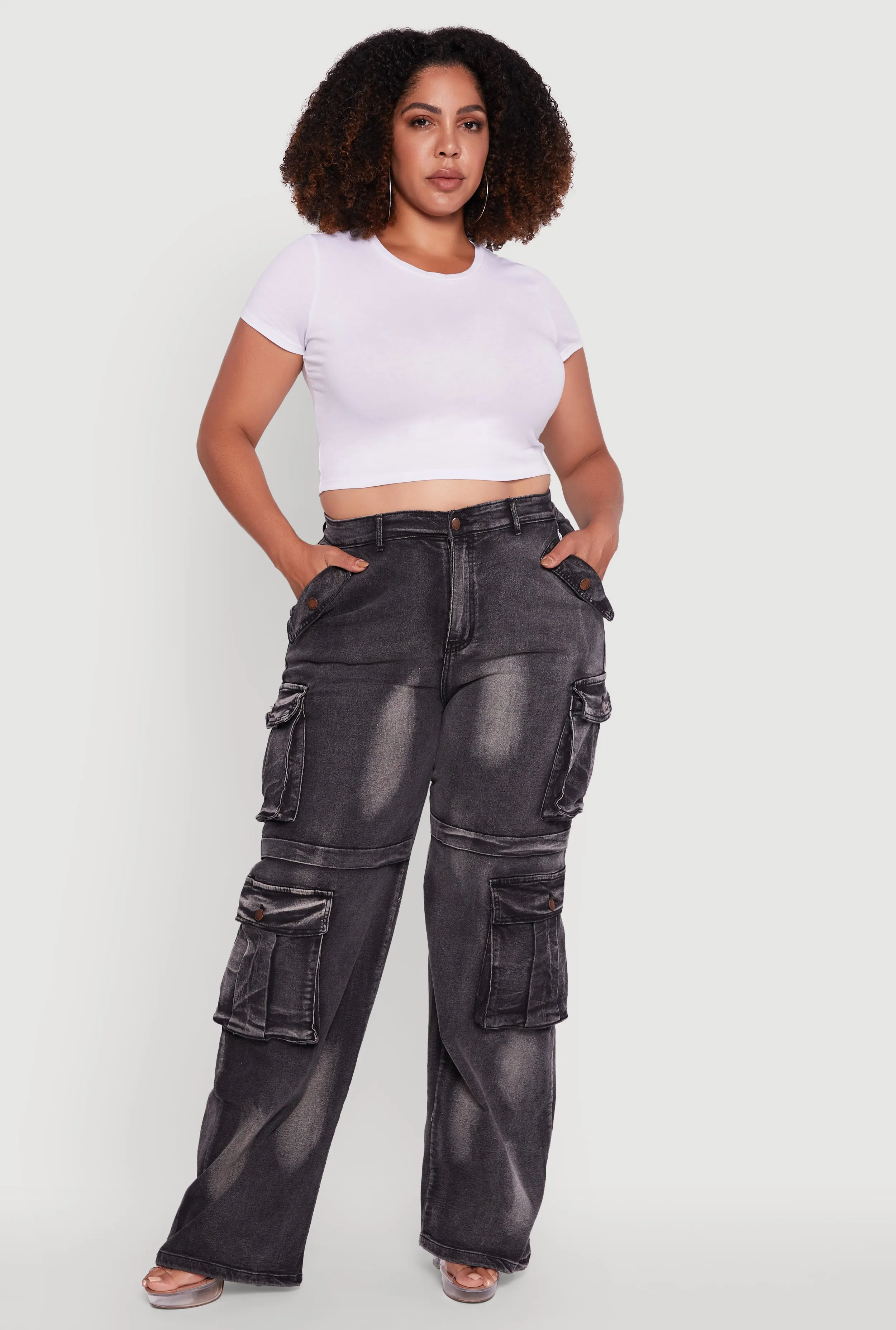 Plus Size Acid Wash Wide Leg Utility Jeans sold by Rainbow