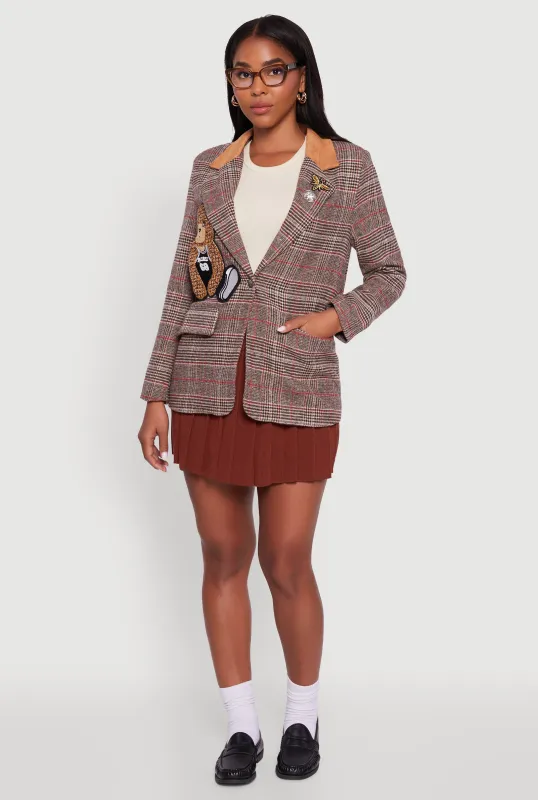 Chenille Bear Graphic Plaid Blazer with Padded Shoulders sold by Rainbow
