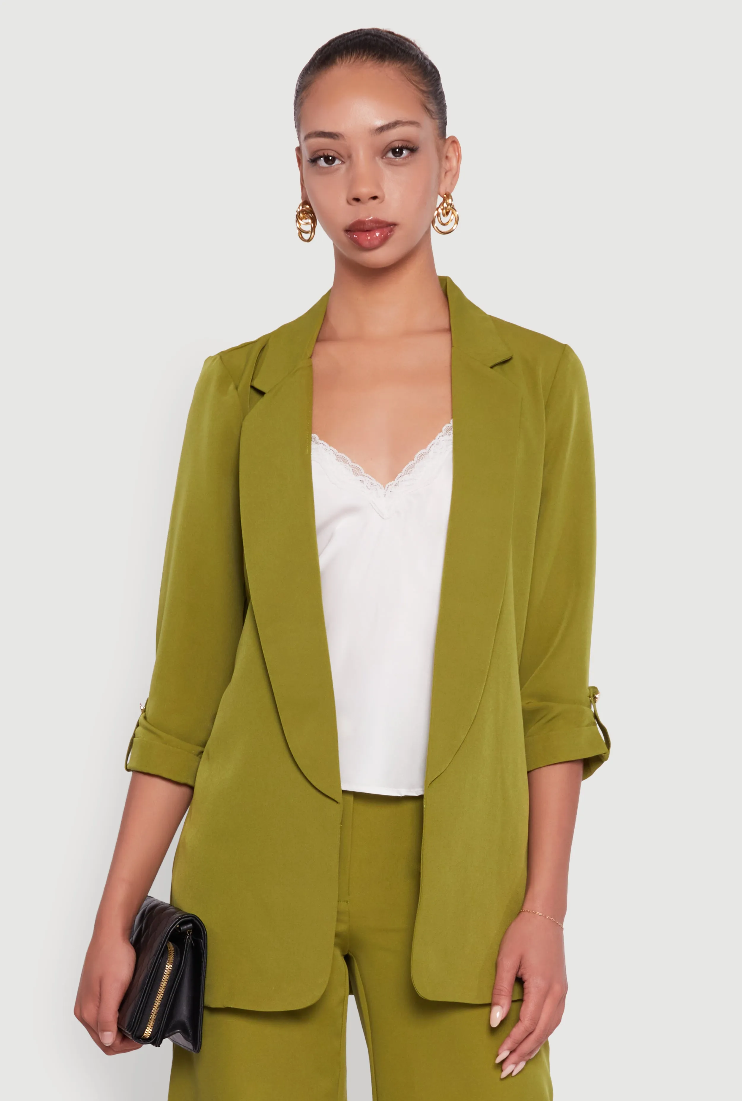 Crepe Knit Open Front Tabbed Sleeves Blazer sold by Rainbow
