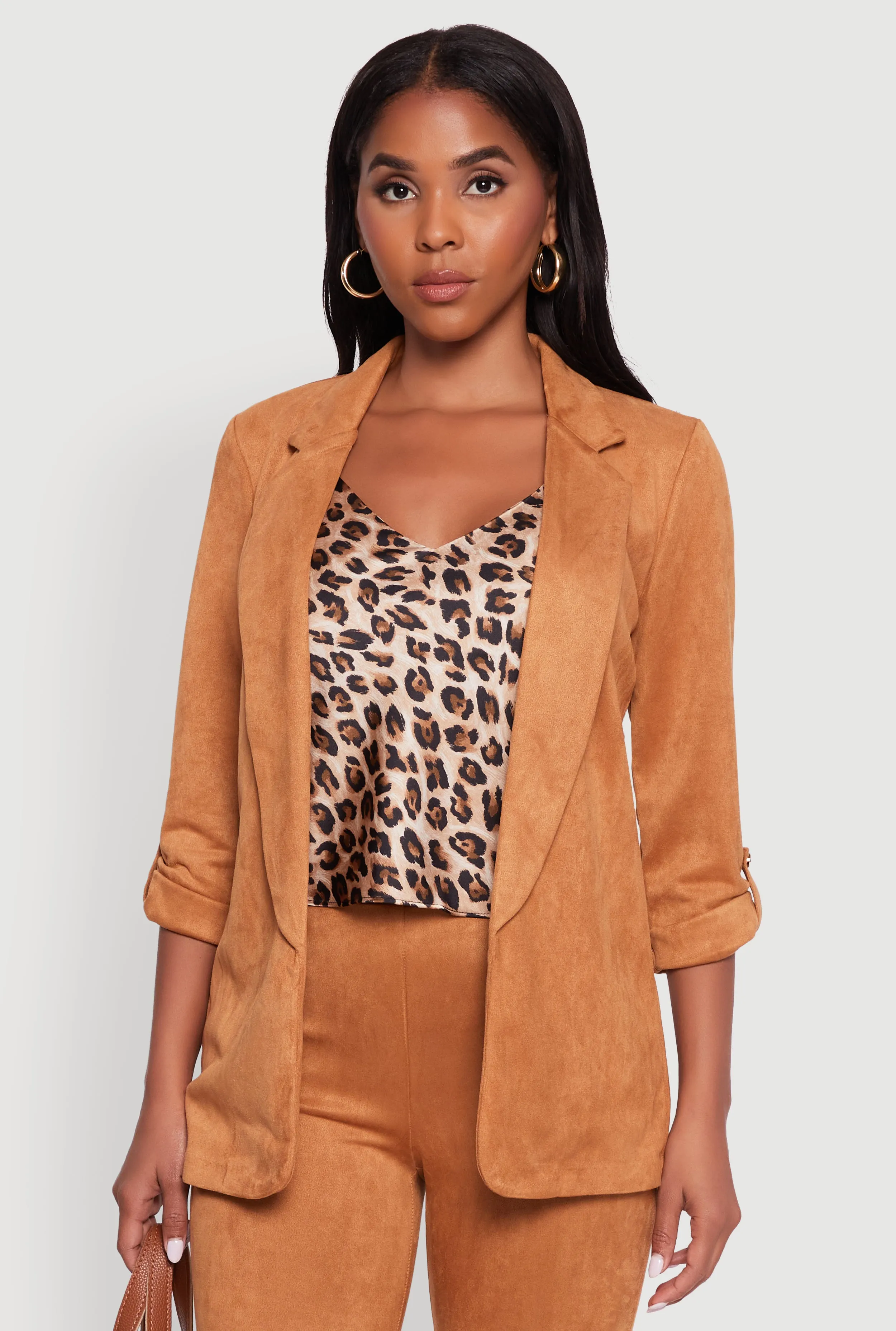 Faux Suede Tabbed Sleeve Open Front Blazer sold by Rainbow