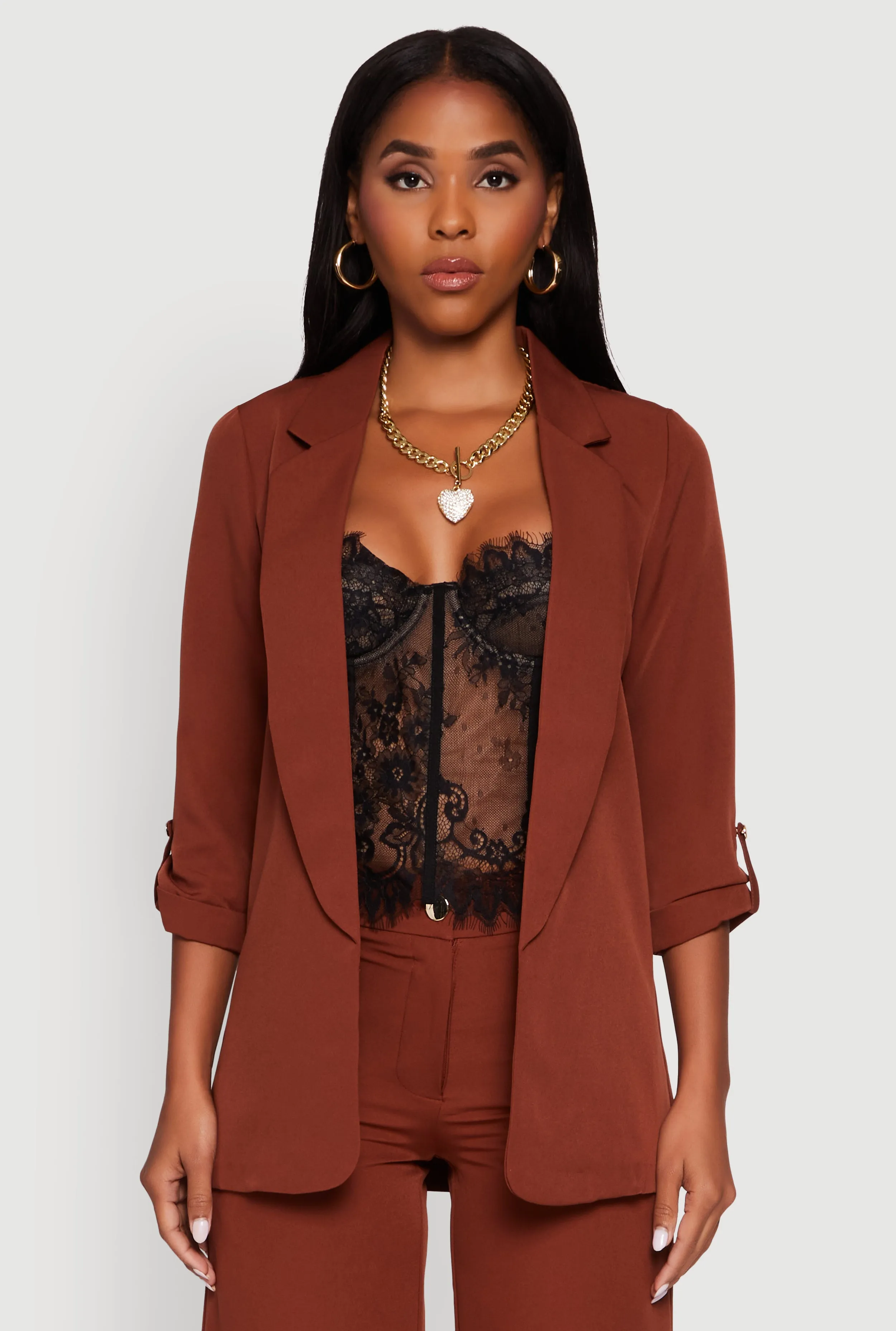 Crepe Knit Open Front Tabbed Sleeves Blazer sold by Rainbow product image thumbnail 3