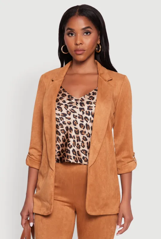Faux Suede Tabbed Sleeve Open Front Blazer sold by Rainbow