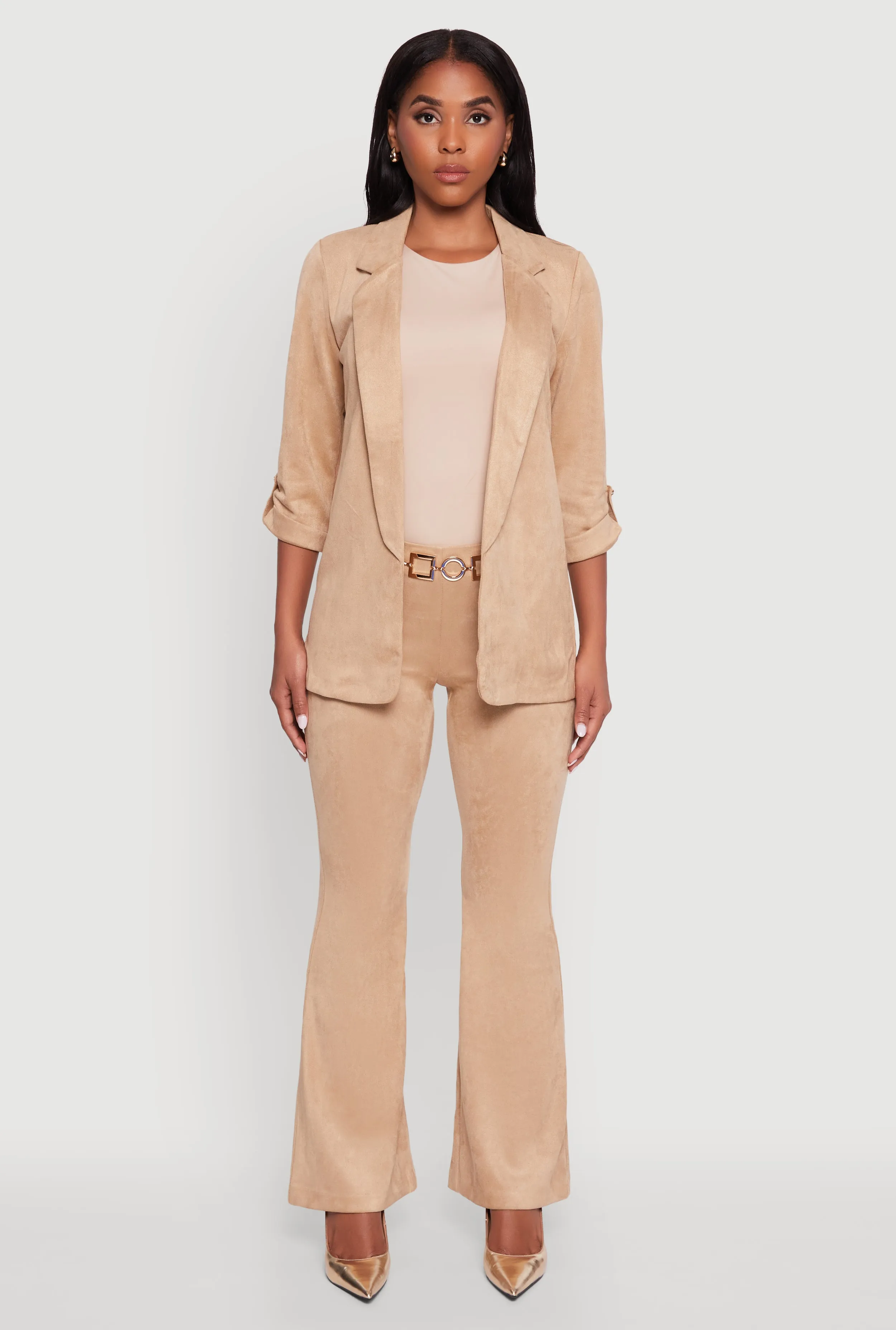 Faux Suede Tabbed Sleeve Open Front Blazer sold by Rainbow product image thumbnail 3