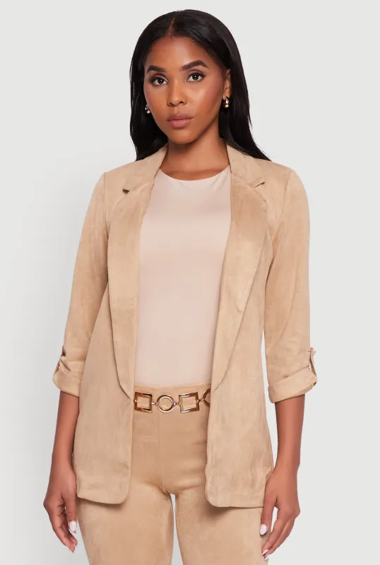 Faux Suede Tabbed Sleeve Open Front Blazer sold by Rainbow