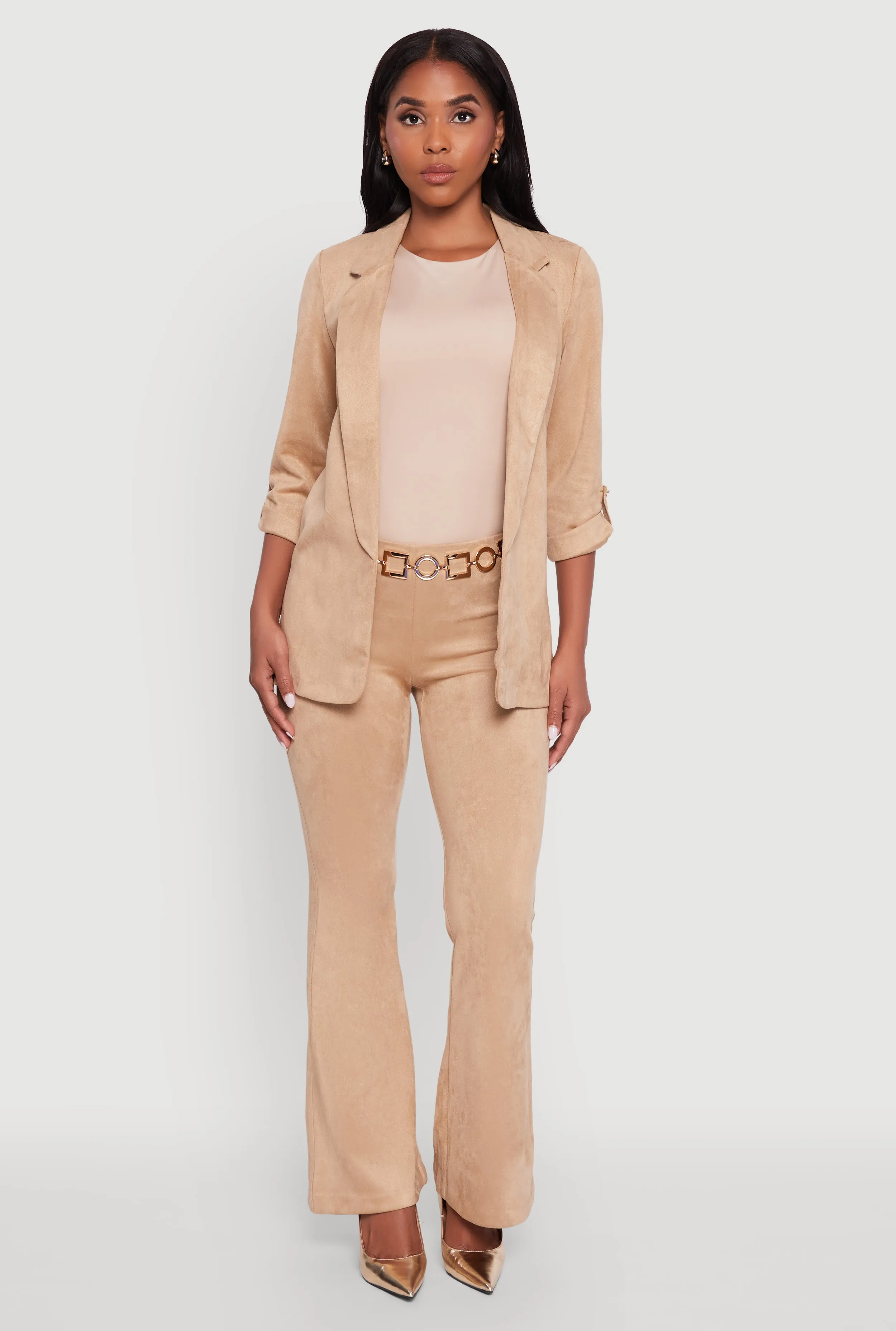 Faux Suede Tabbed Sleeve Open Front Blazer sold by Rainbow product image thumbnail 2