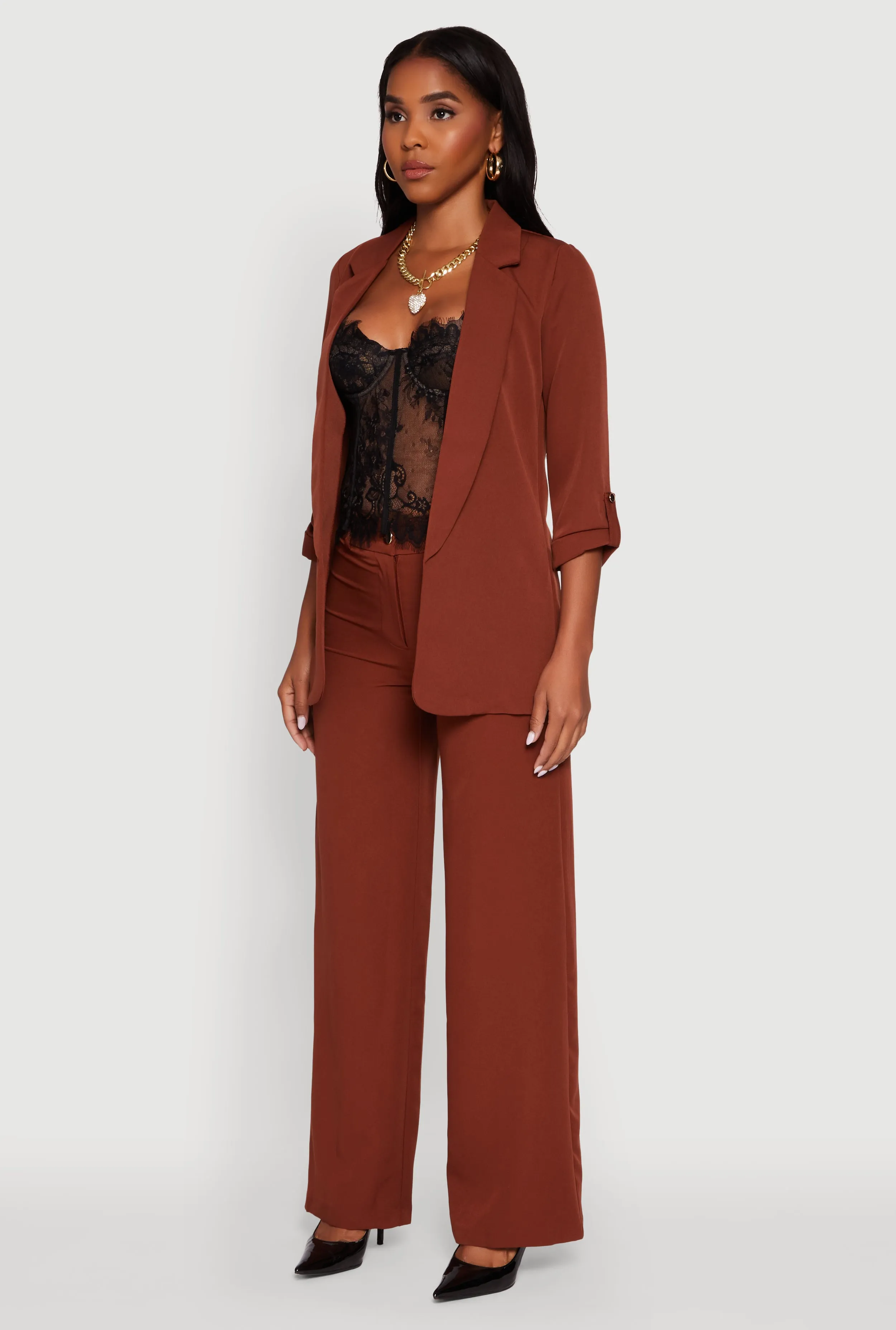 Crepe Knit Open Front Tabbed Sleeves Blazer sold by Rainbow product image thumbnail 5