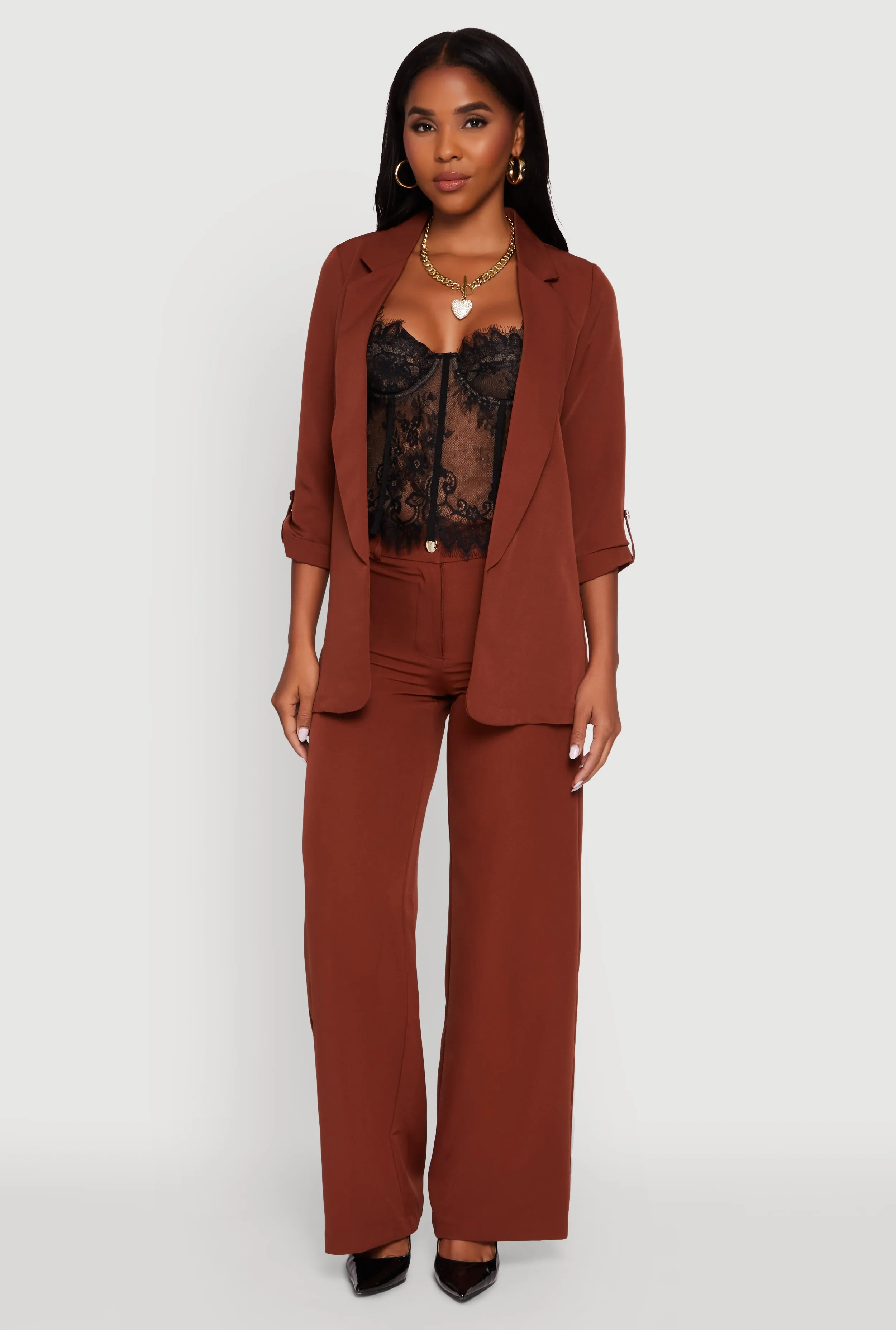 Crepe Knit Open Front Tabbed Sleeves Blazer sold by Rainbow product image thumbnail 2