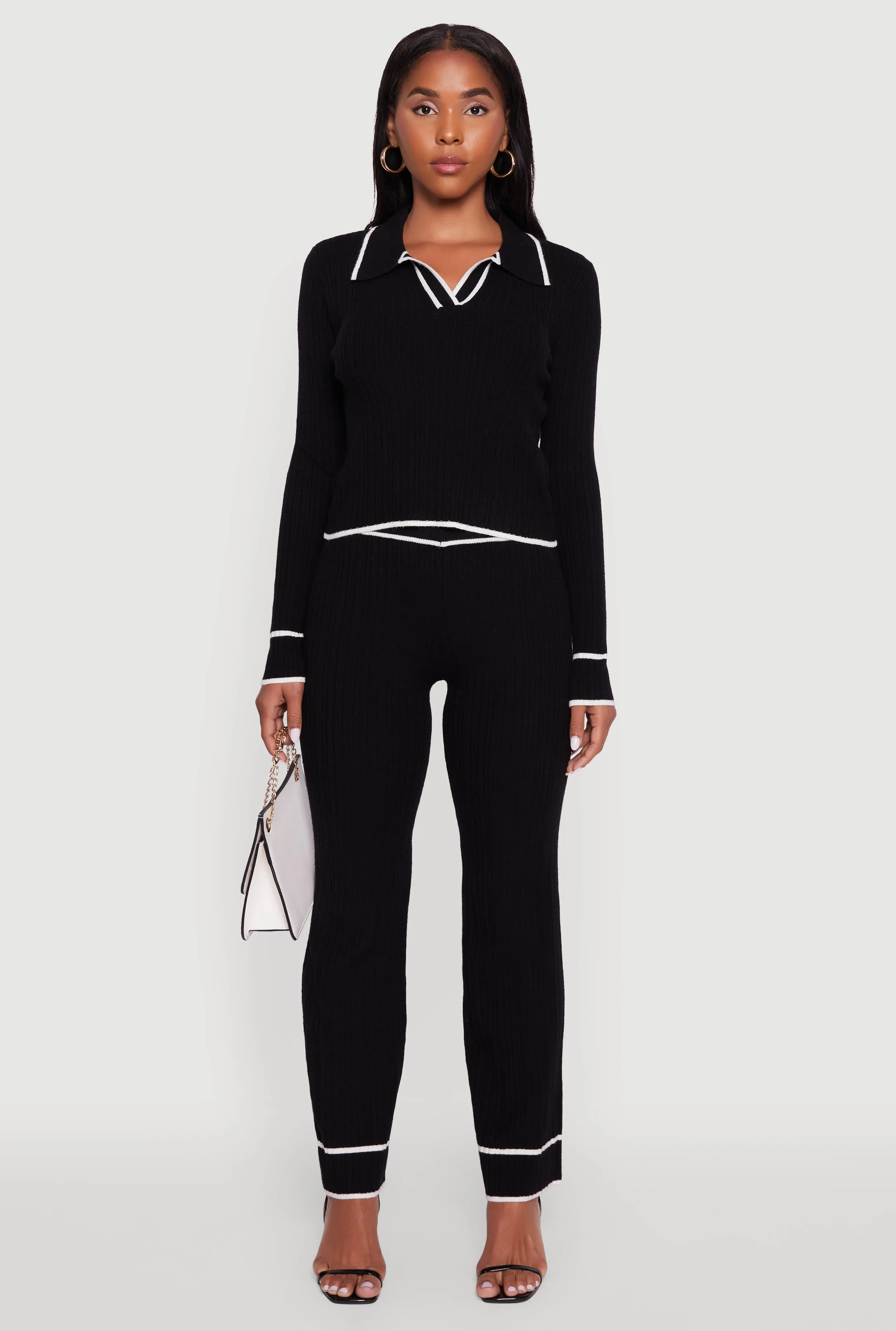 Rib Knit Contrast Trim Long Sleeve Polo Sweater sold by Rainbow product image thumbnail 3