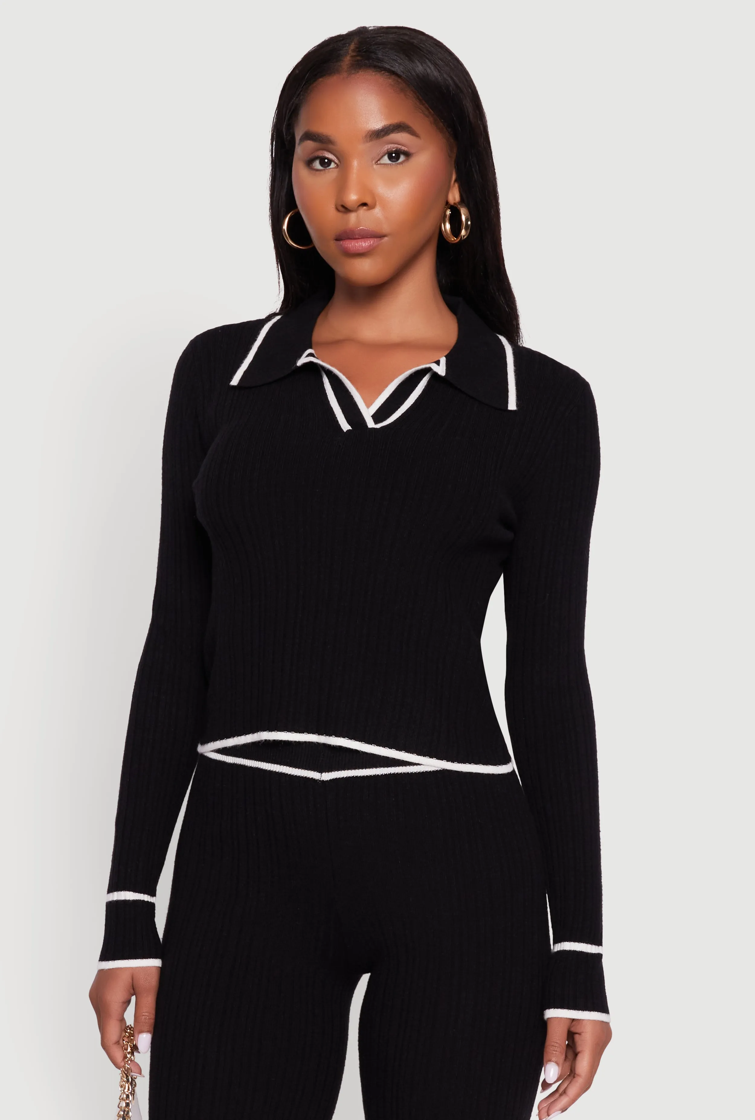 Rib Knit Contrast Trim Long Sleeve Polo Sweater sold by Rainbow