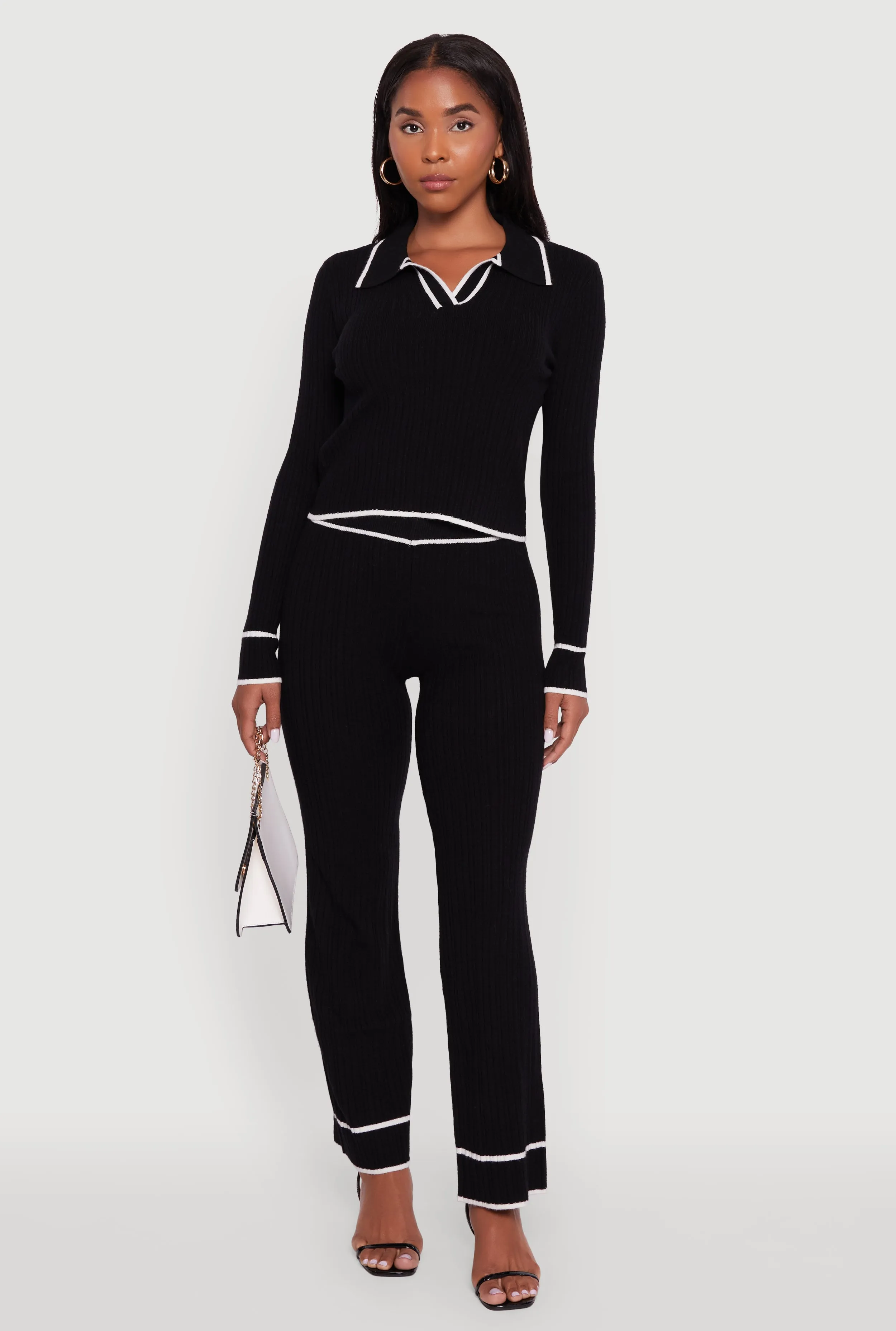 Rib Knit Contrast Trim Long Sleeve Polo Sweater sold by Rainbow product image thumbnail 2