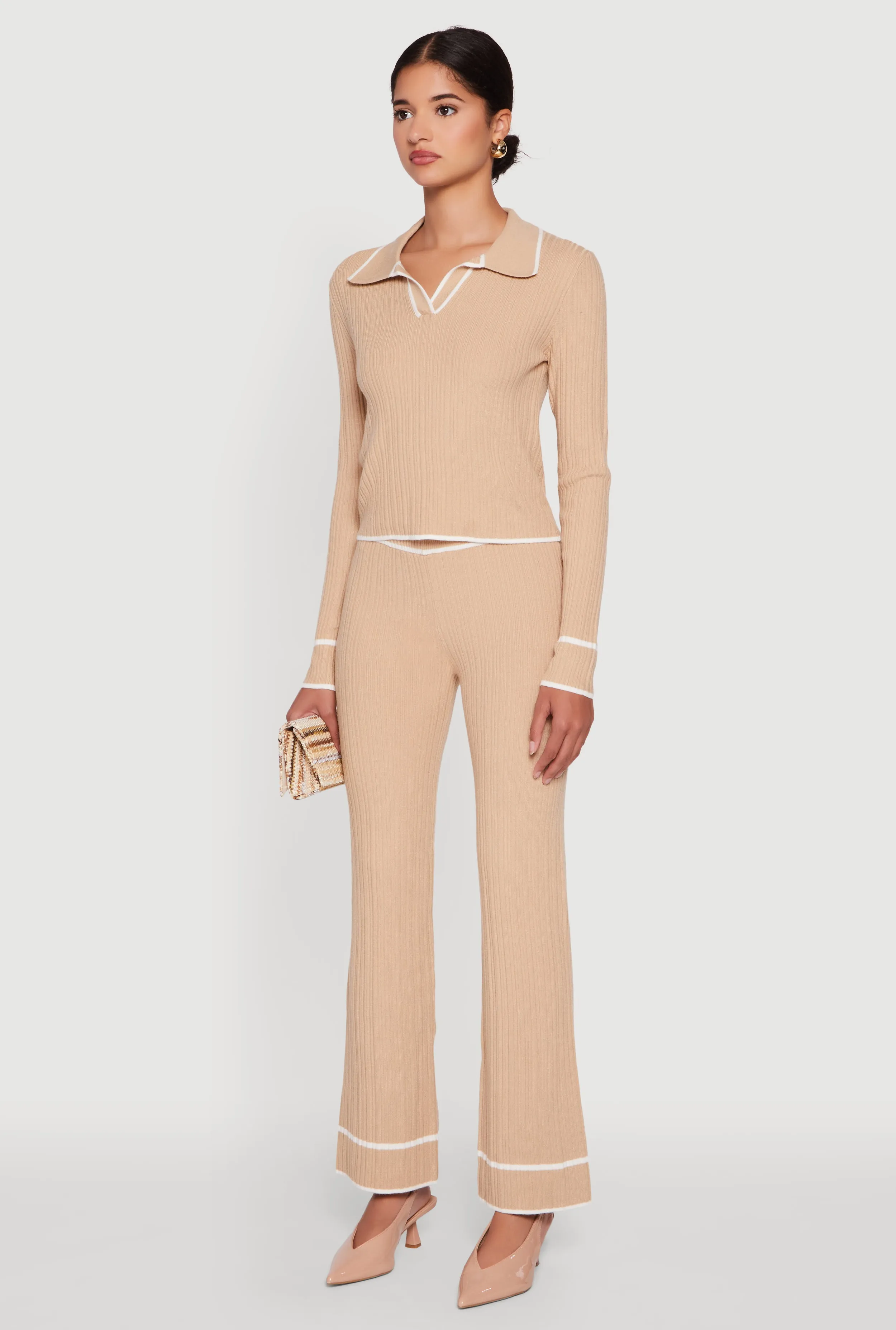 Rib Knit Contrast Trim Long Sleeve Polo Sweater sold by Rainbow product image thumbnail 5