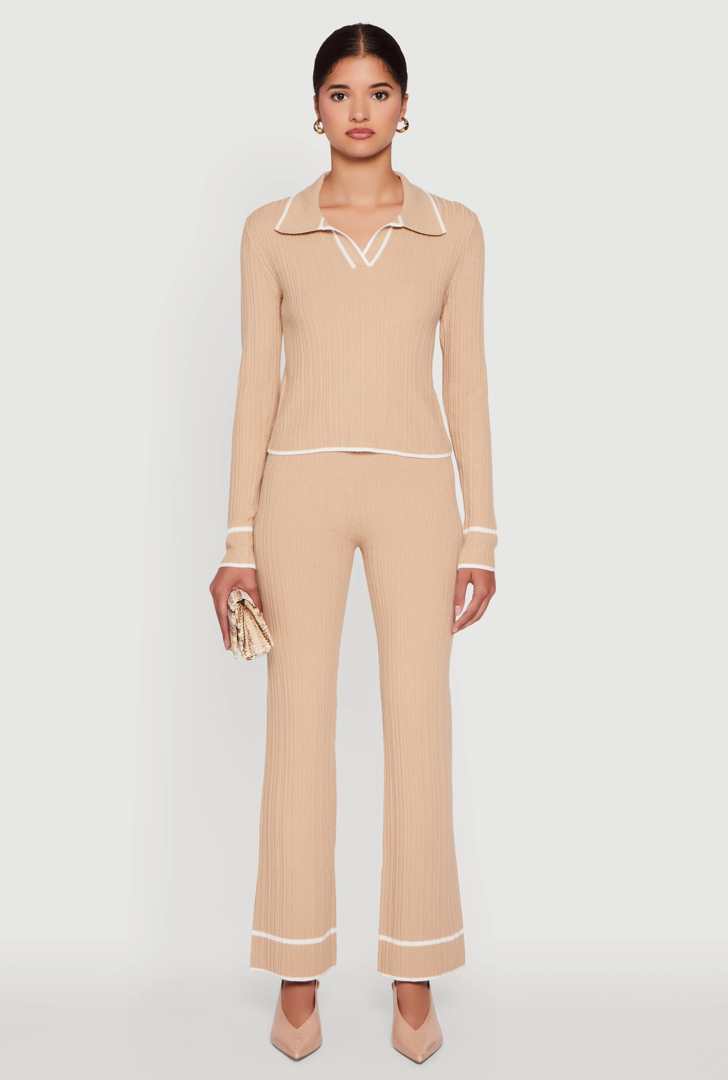 Rib Knit Contrast Trim Long Sleeve Polo Sweater sold by Rainbow product image thumbnail 2