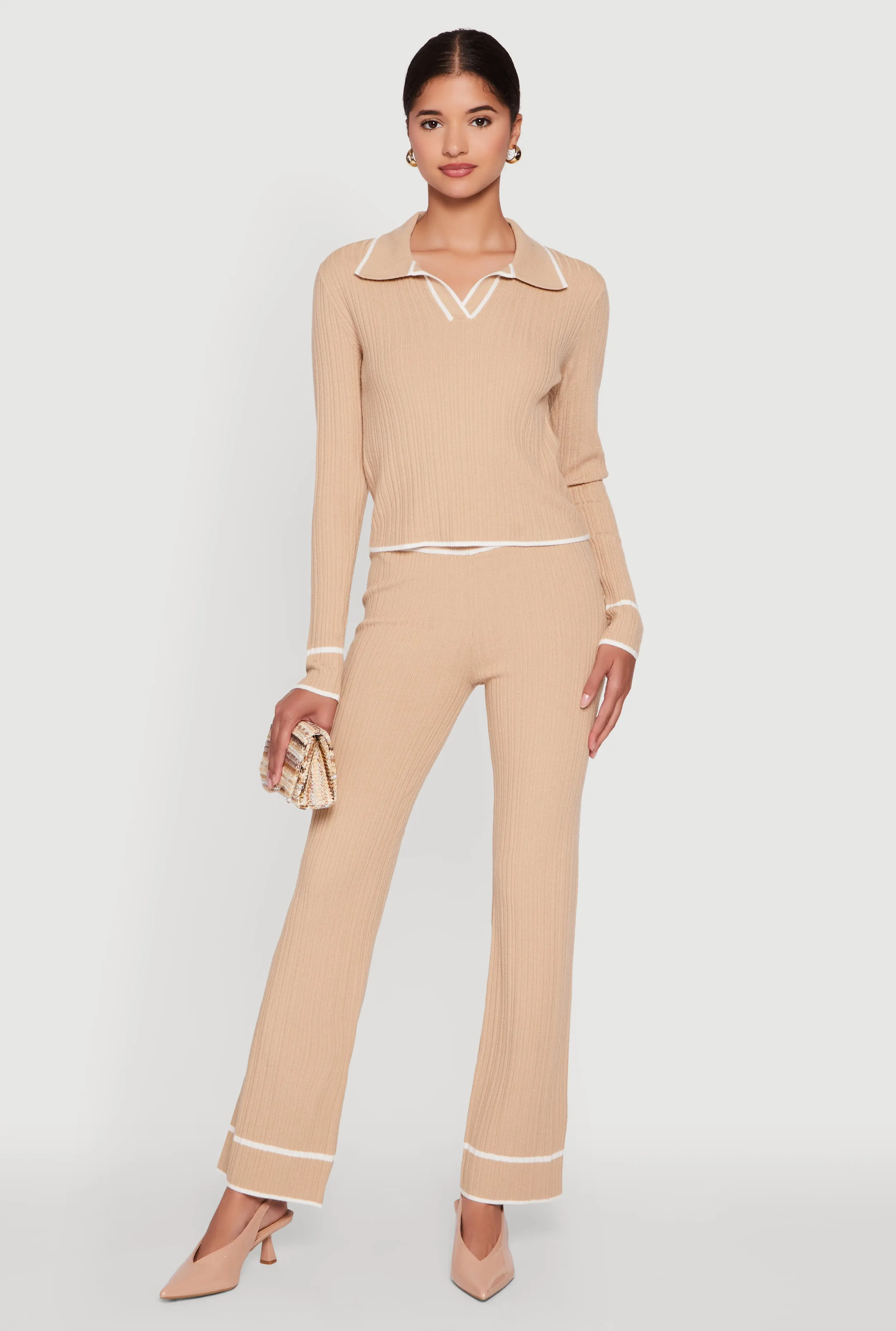 Rib Knit Contrast Trim Long Sleeve Polo Sweater sold by Rainbow product image thumbnail 3