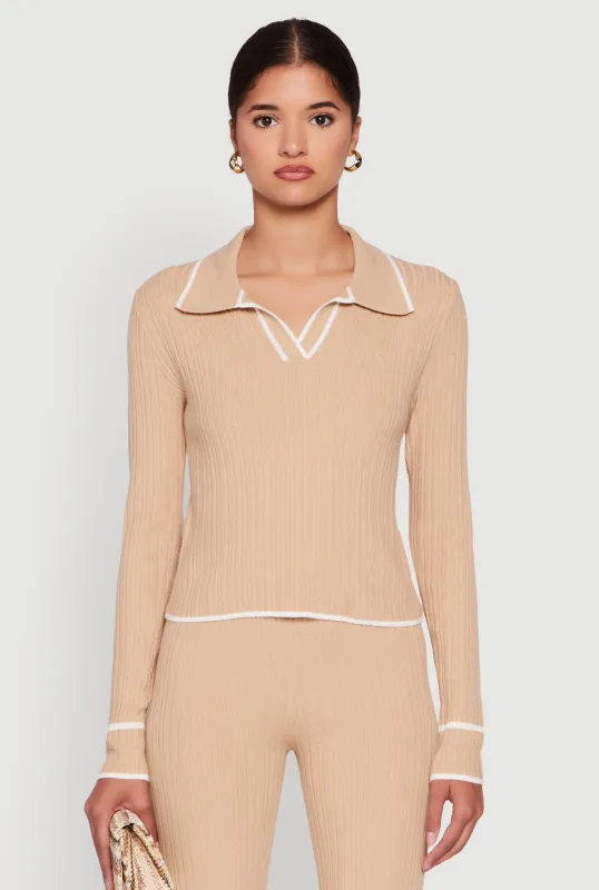 Rib Knit Contrast Trim Long Sleeve Polo Sweater sold by Rainbow