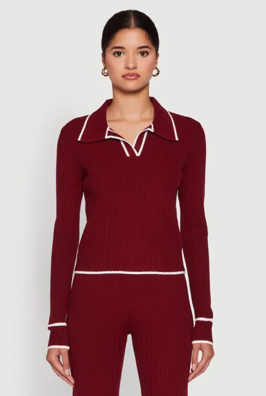 Rib Knit Contrast Trim Long Sleeve Polo Sweater sold by Rainbow