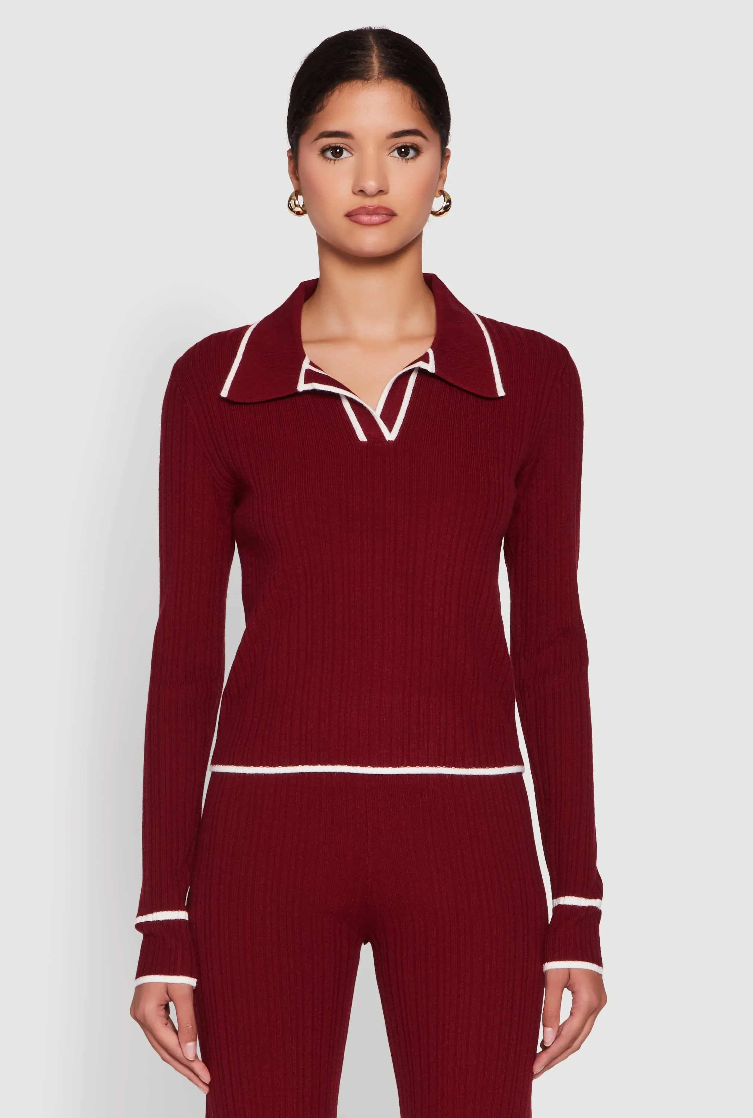 Rib Knit Contrast Trim Long Sleeve Polo Sweater sold by Rainbow
