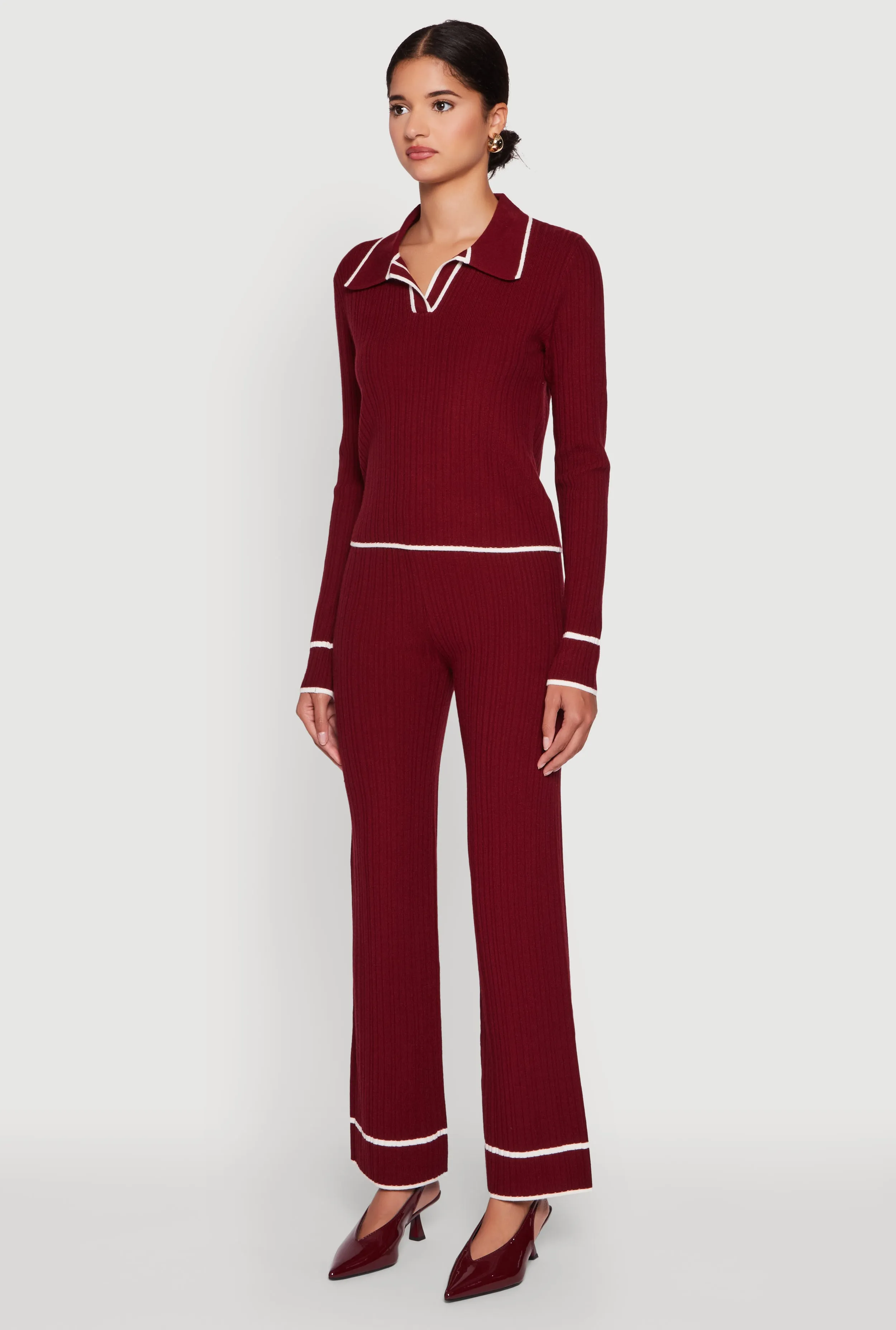 Rib Knit Contrast Trim Long Sleeve Polo Sweater sold by Rainbow product image thumbnail 5