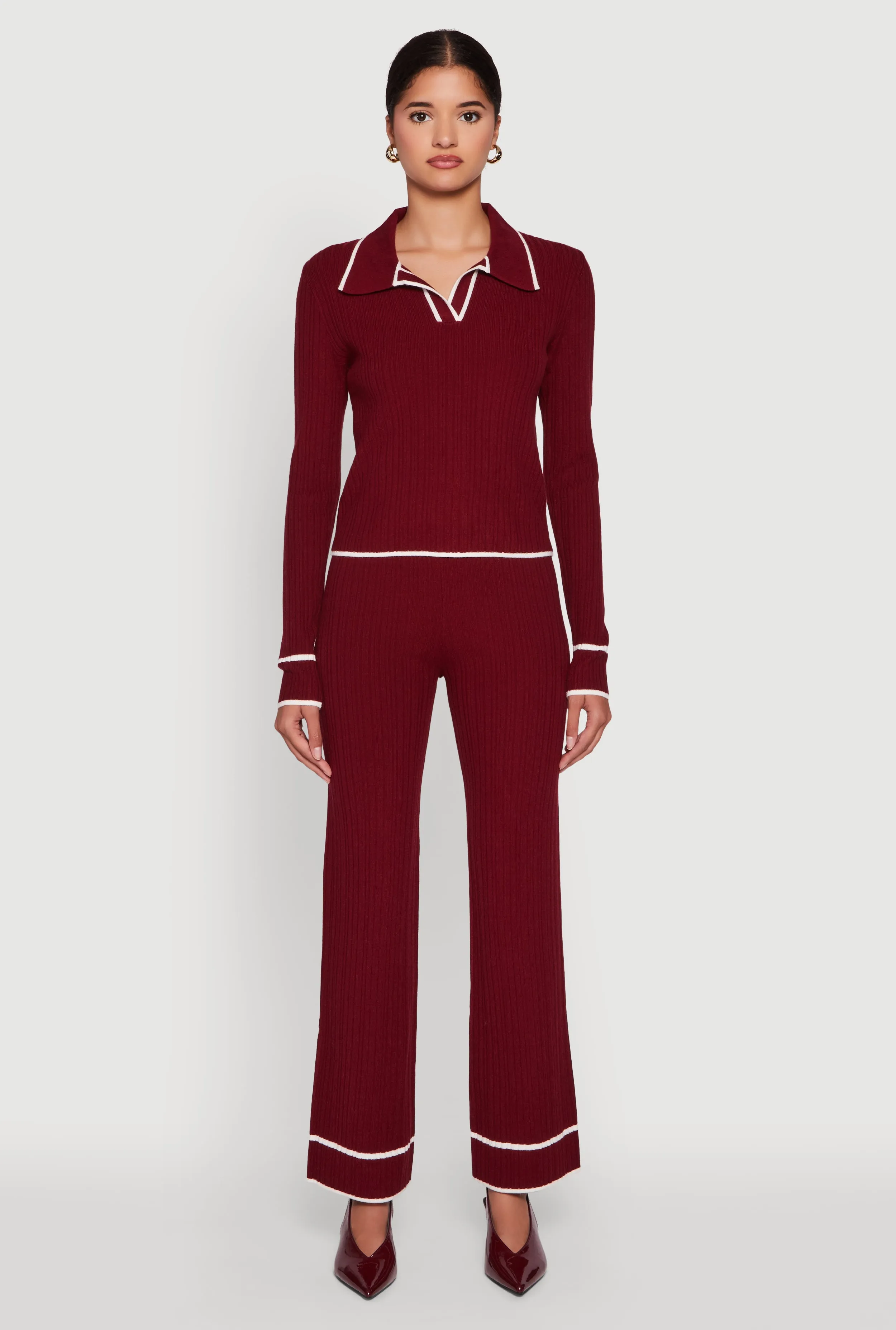 Rib Knit Contrast Trim Long Sleeve Polo Sweater sold by Rainbow product image thumbnail 2