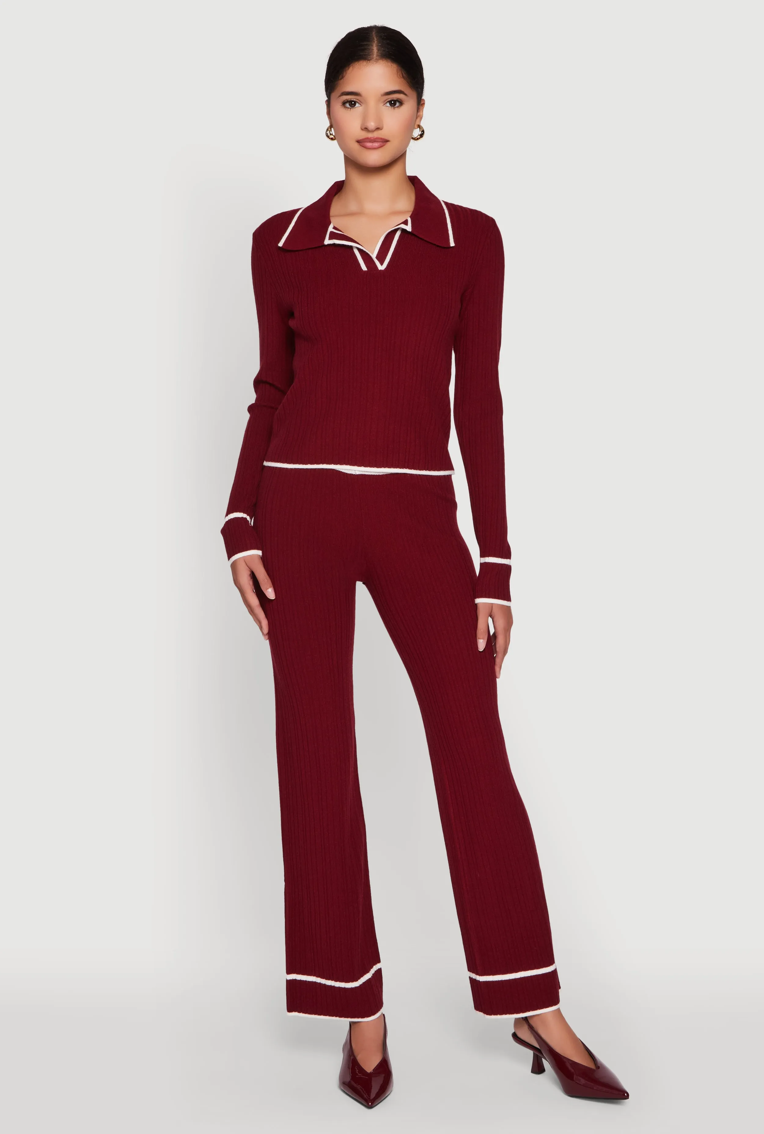 Rib Knit Contrast Trim Long Sleeve Polo Sweater sold by Rainbow product image thumbnail 3