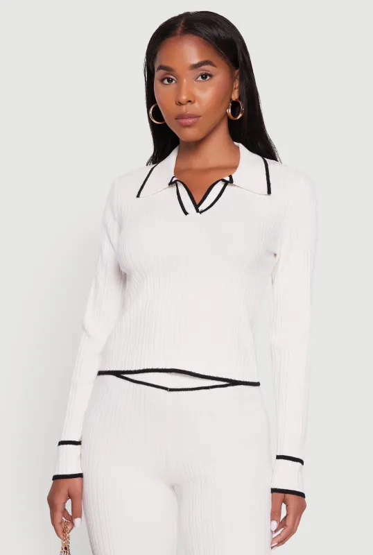 Rib Knit Contrast Trim Long Sleeve Polo Sweater sold by Rainbow