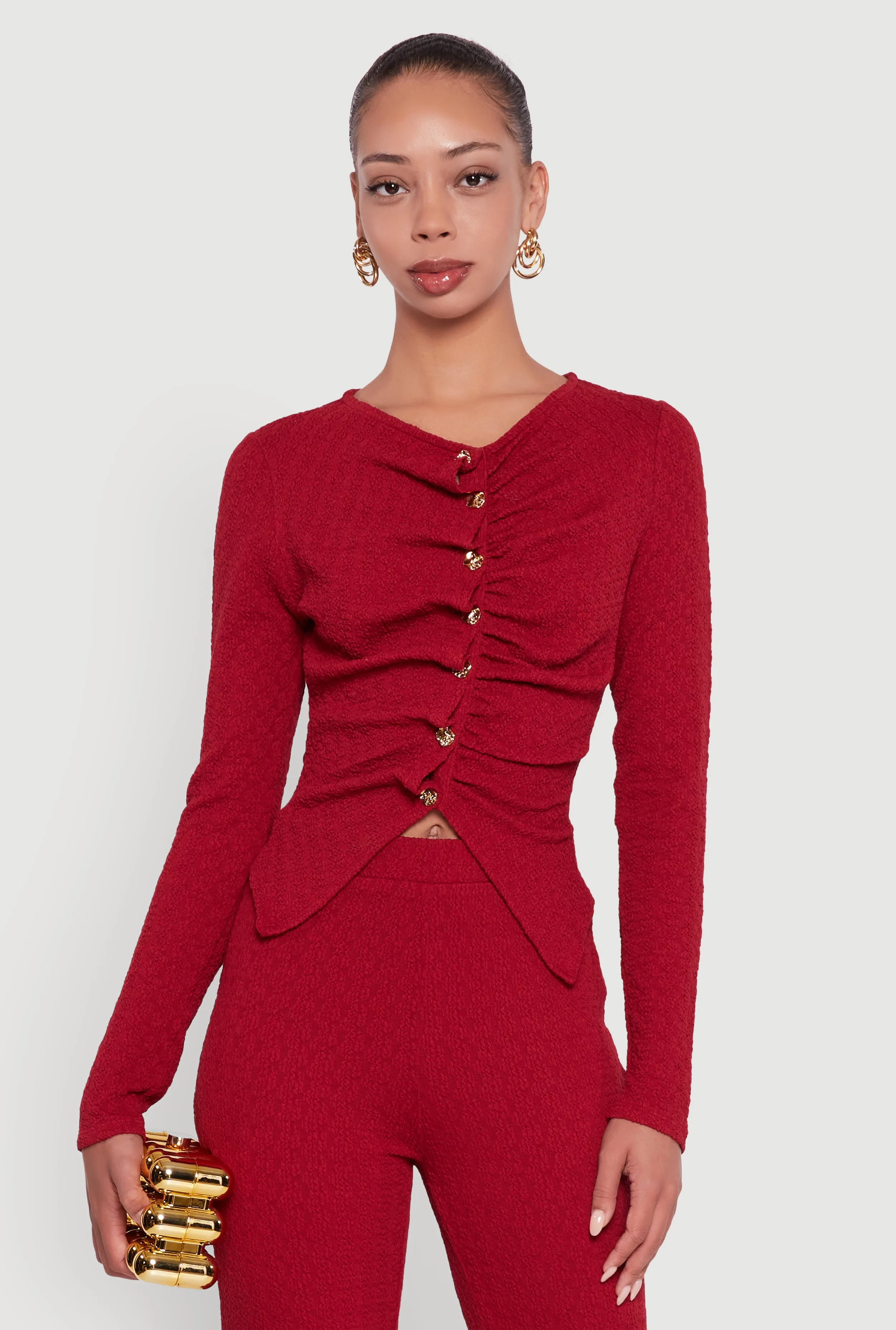 Textured Knit Metallic Button Front Ruched Crop Top sold by Rainbow product image thumbnail 2