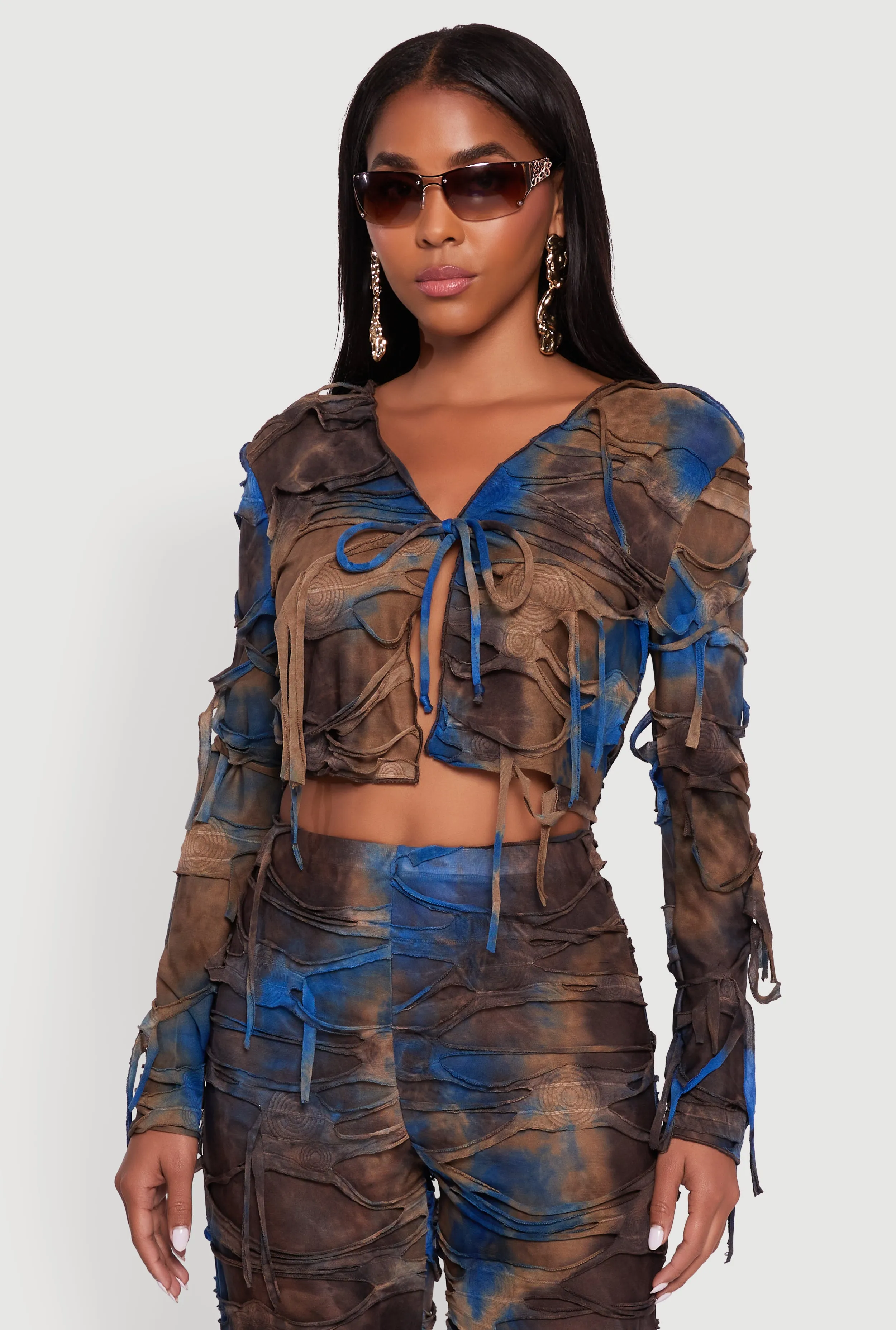 Tie Dye Slashed Tie Front Top sold by Rainbow