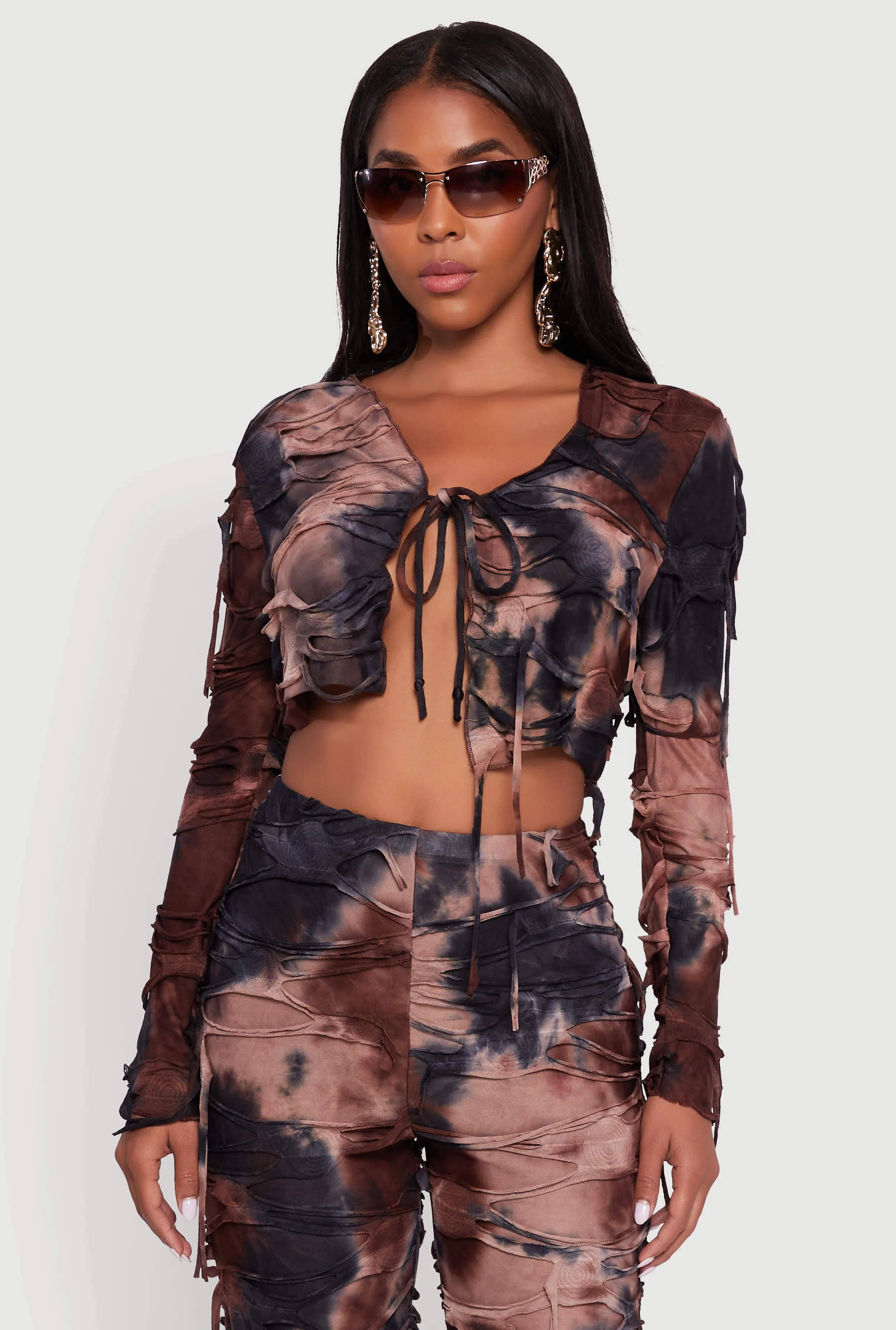 Tie Dye Slashed Tie Front Top sold by Rainbow