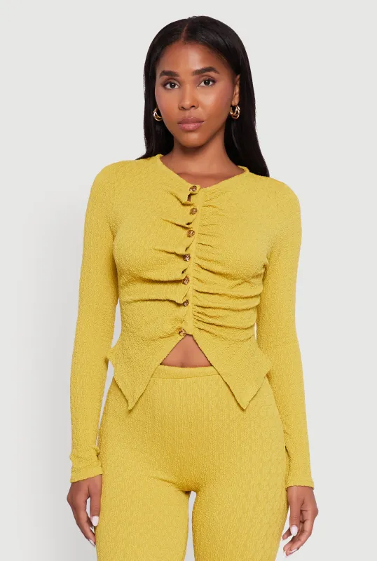 Textured Knit Metallic Button Front Ruched Crop Top sold by Rainbow